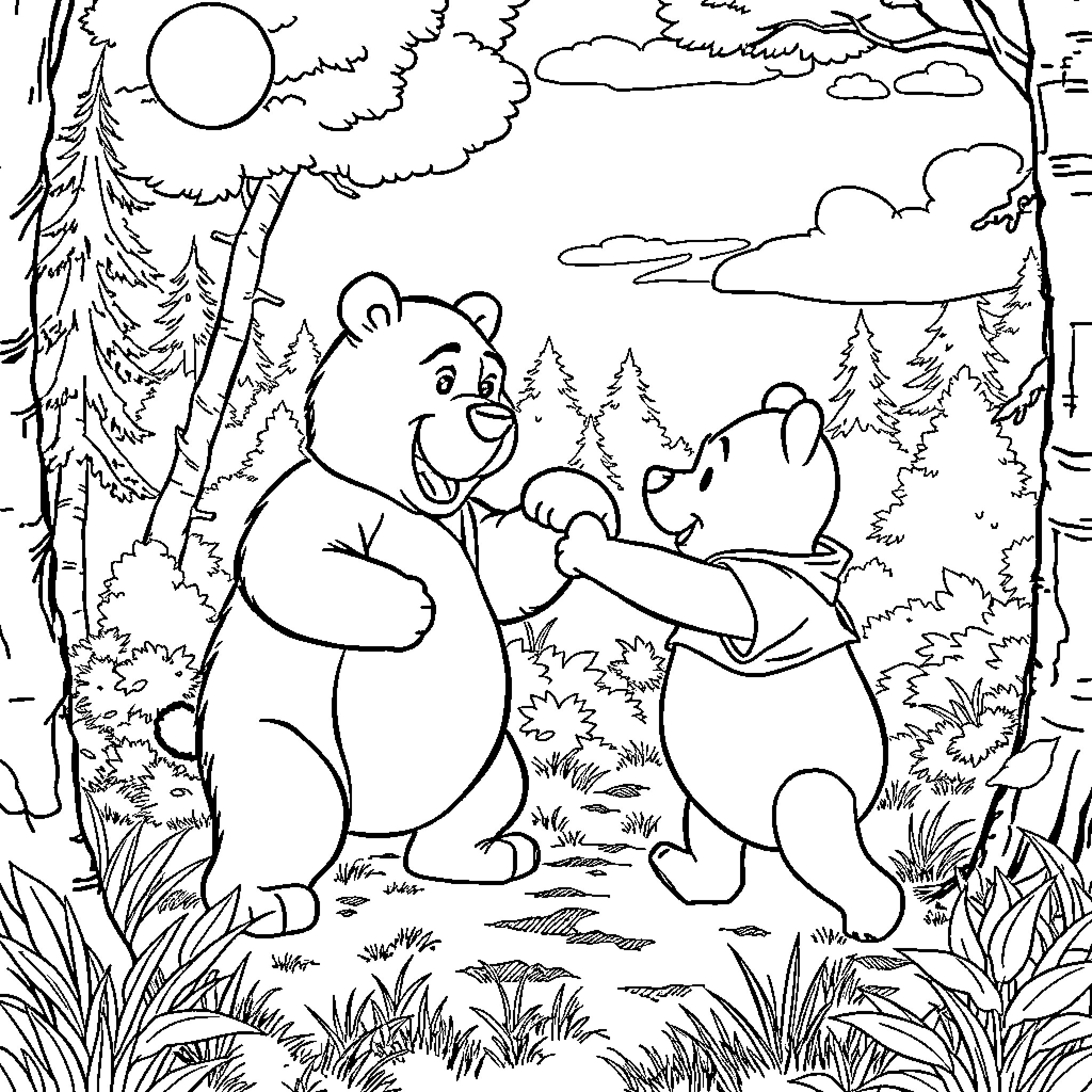 Winnie The Pooh and Piglet exploring the forest Coloring Page (free black-and-white line drawing printable PDF for all, from beginners to advanced learners, including children, teens, adults, and seniors)