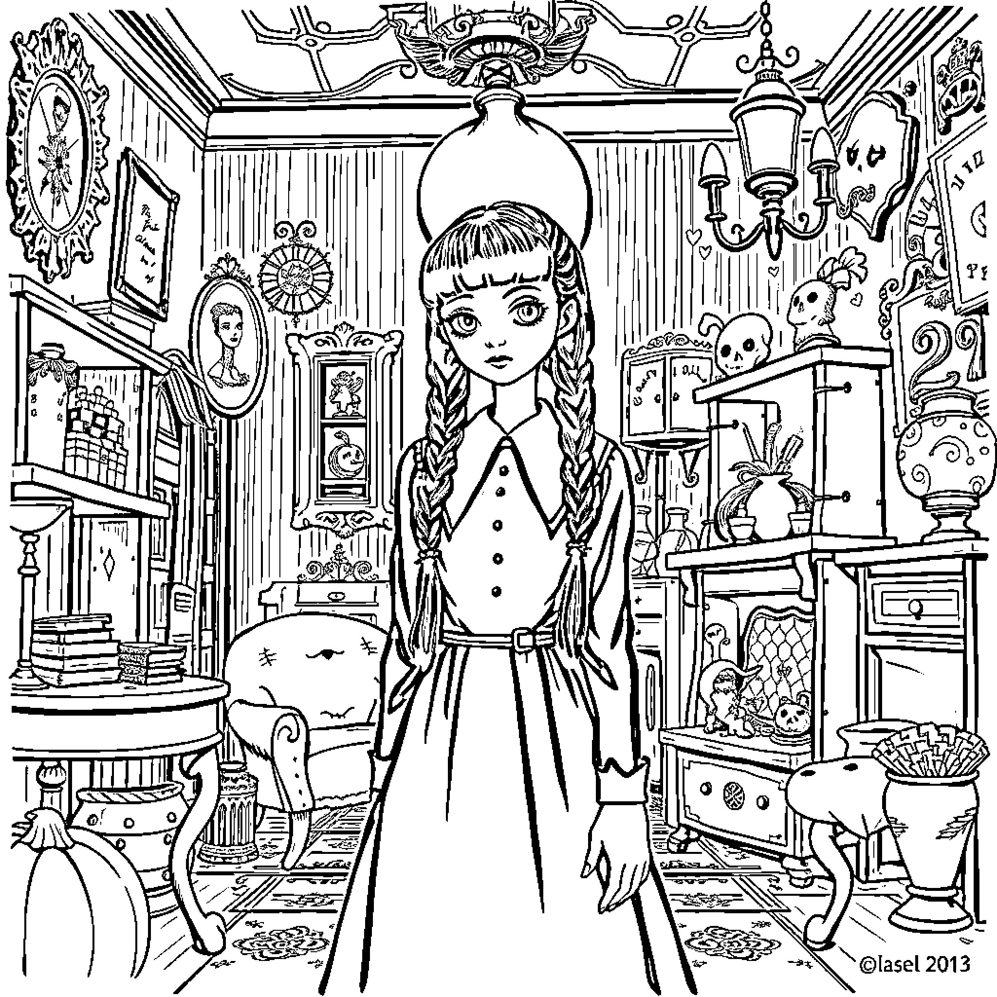 Wednesday in a Whimsical Wonderland Coloring Page (free black-and-white line drawing printable PDF for all, from beginners to advanced learners, including children, teens, adults, and seniors)