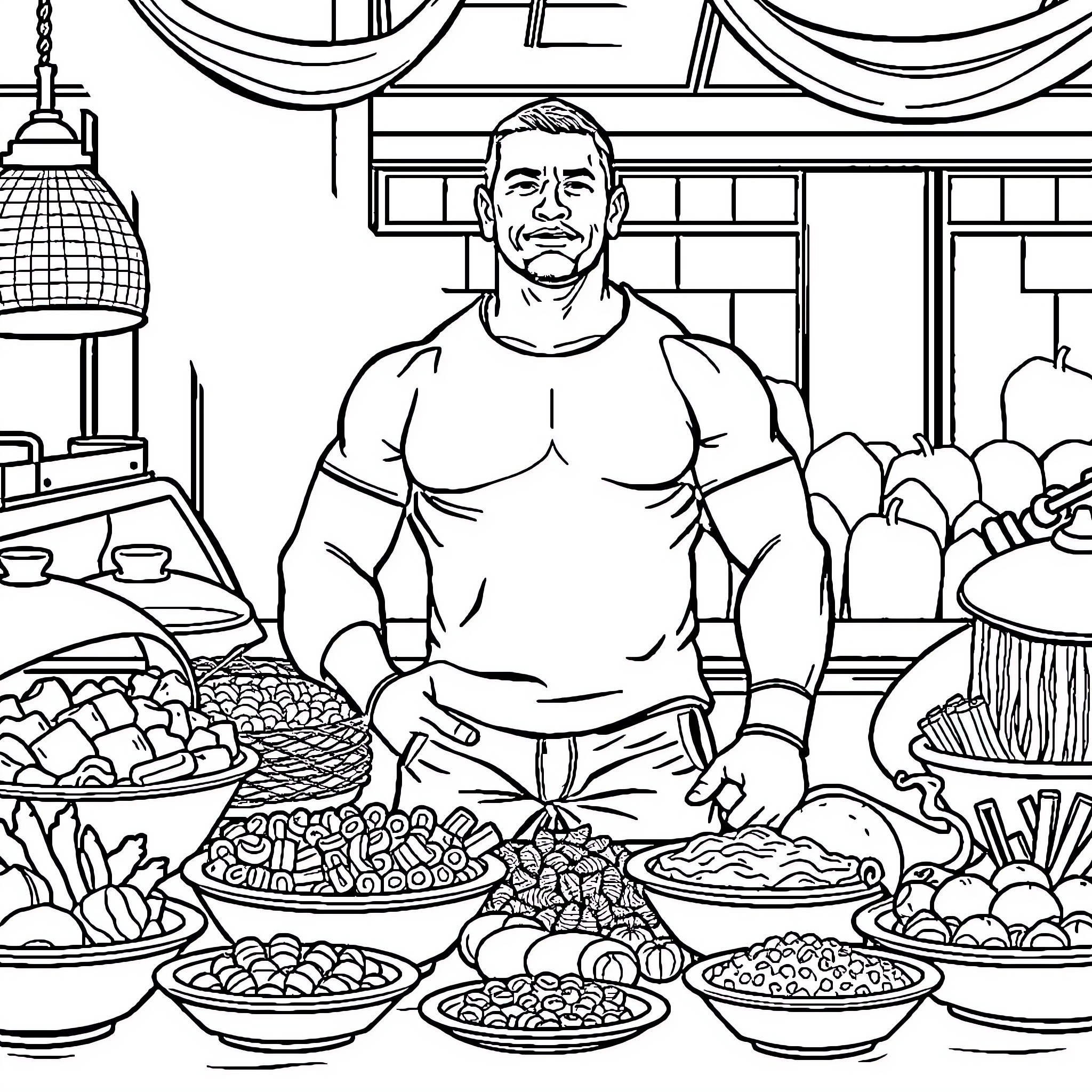 John Cena's Feast of Strength and Abundance Coloring Page (free black-and-white line drawing printable PDF for all, from beginners to advanced learners, including children, teens, adults, and seniors)