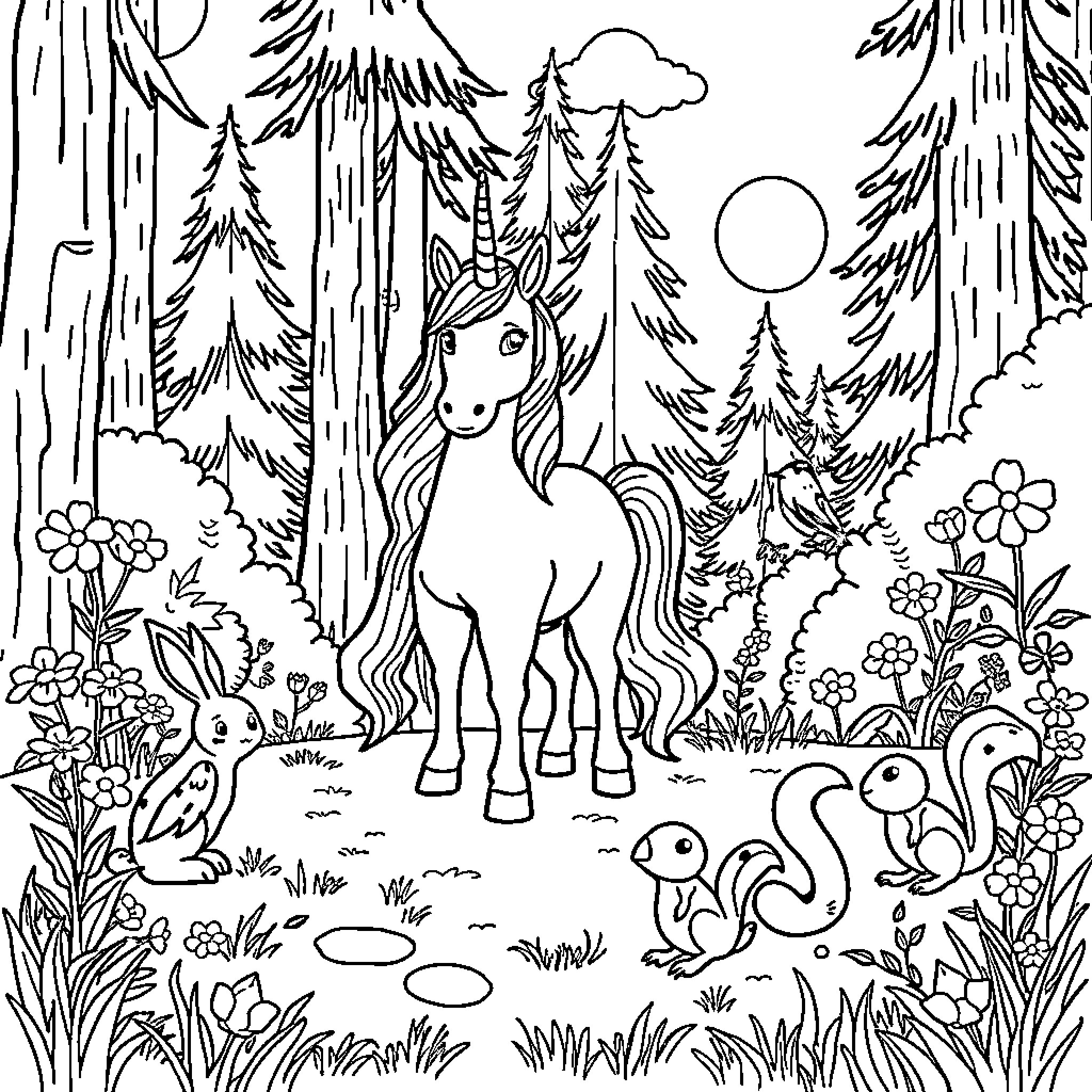 Unicorn exploring enchanted forest with woodland creatures Coloring Page (free black-and-white line drawing printable PDF for all, from beginners to advanced learners, including children, teens, adults, and seniors)