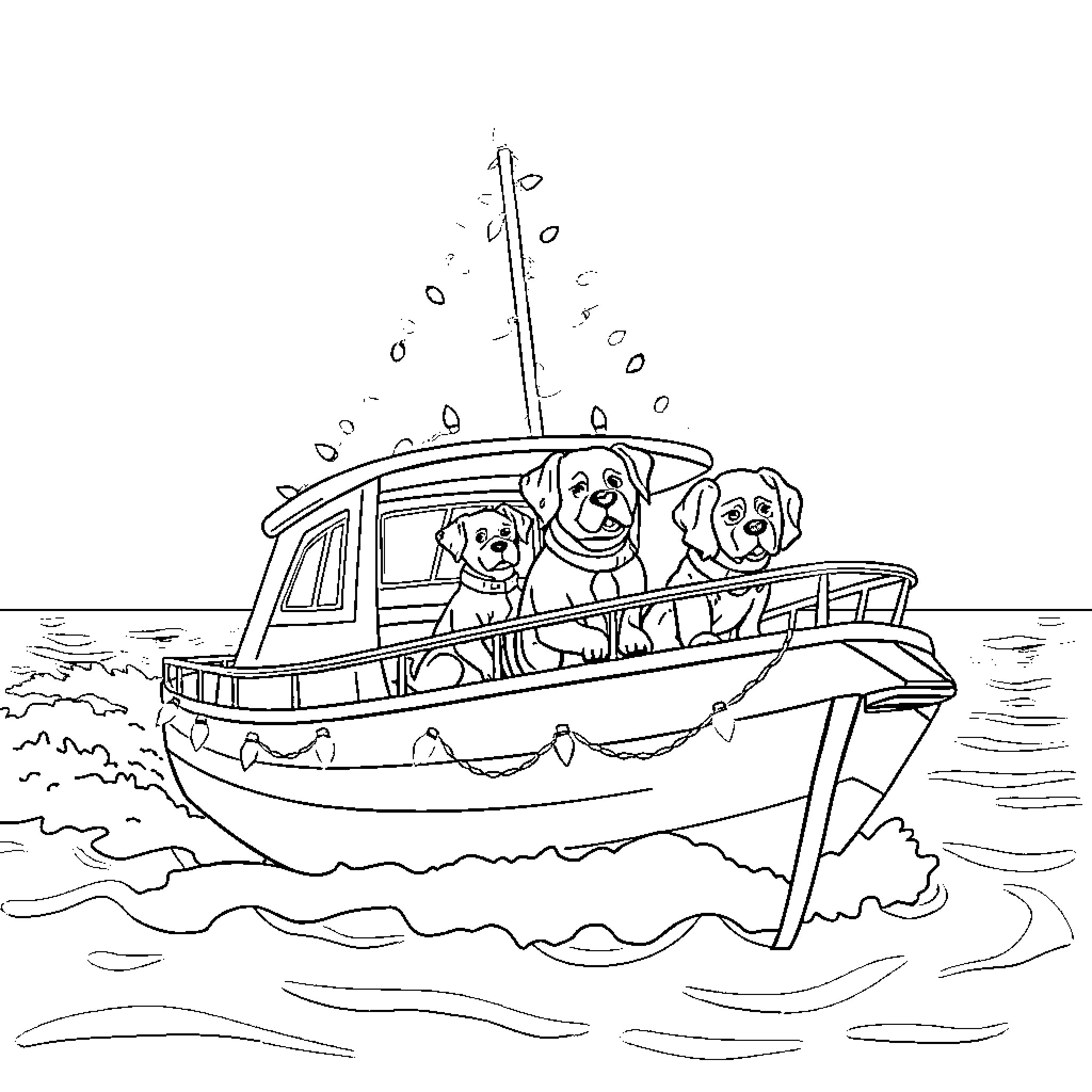 Dog friends enjoy boat ride on the water Coloring Page (free black-and-white line drawing printable PDF for all, from beginners to advanced learners, including children, teens, adults, and seniors)