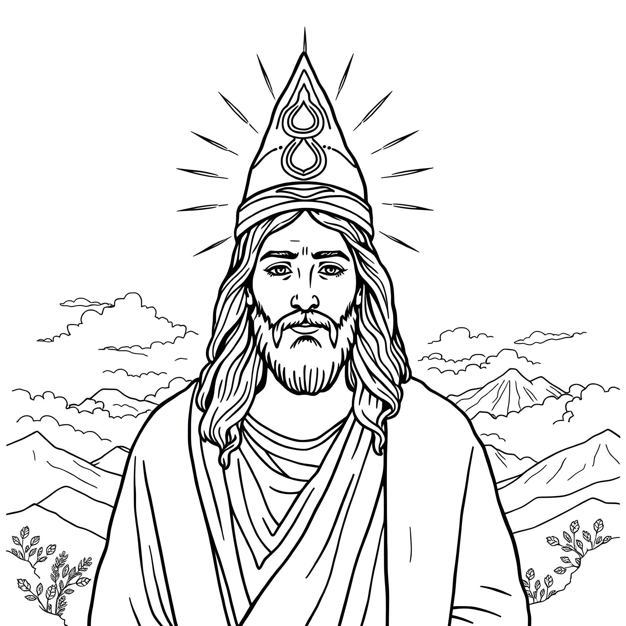 Jesus in Contemplative Pose Against Mountain Backdrop Coloring Page (free black-and-white line drawing printable PDF for all, from beginners to advanced learners, including children, teens, adults, and seniors)