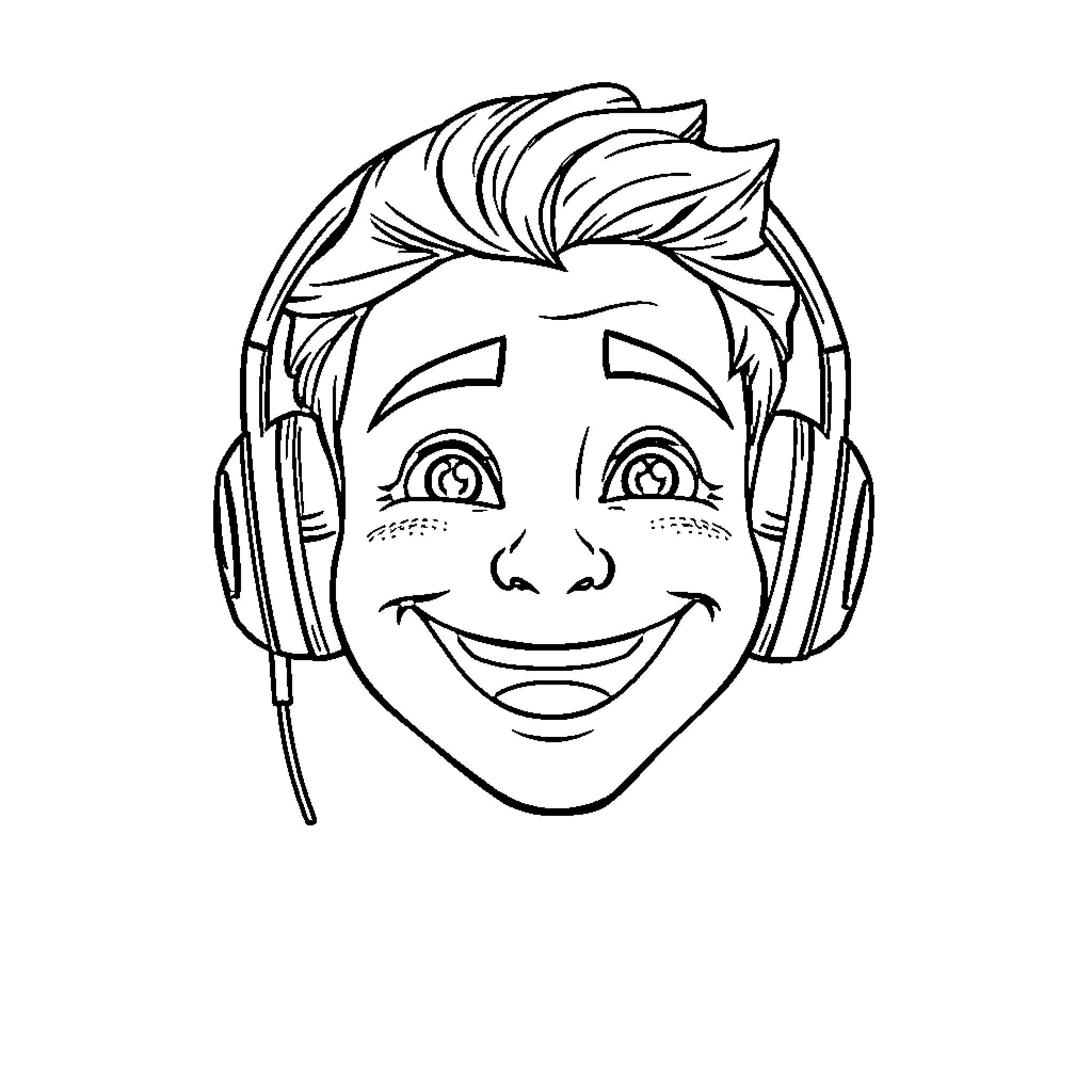 Face of a Smiling Boy with Headphones Coloring Page (free black-and-white line drawing printable PDF for all, from beginners to advanced learners, including children, teens, adults, and seniors)