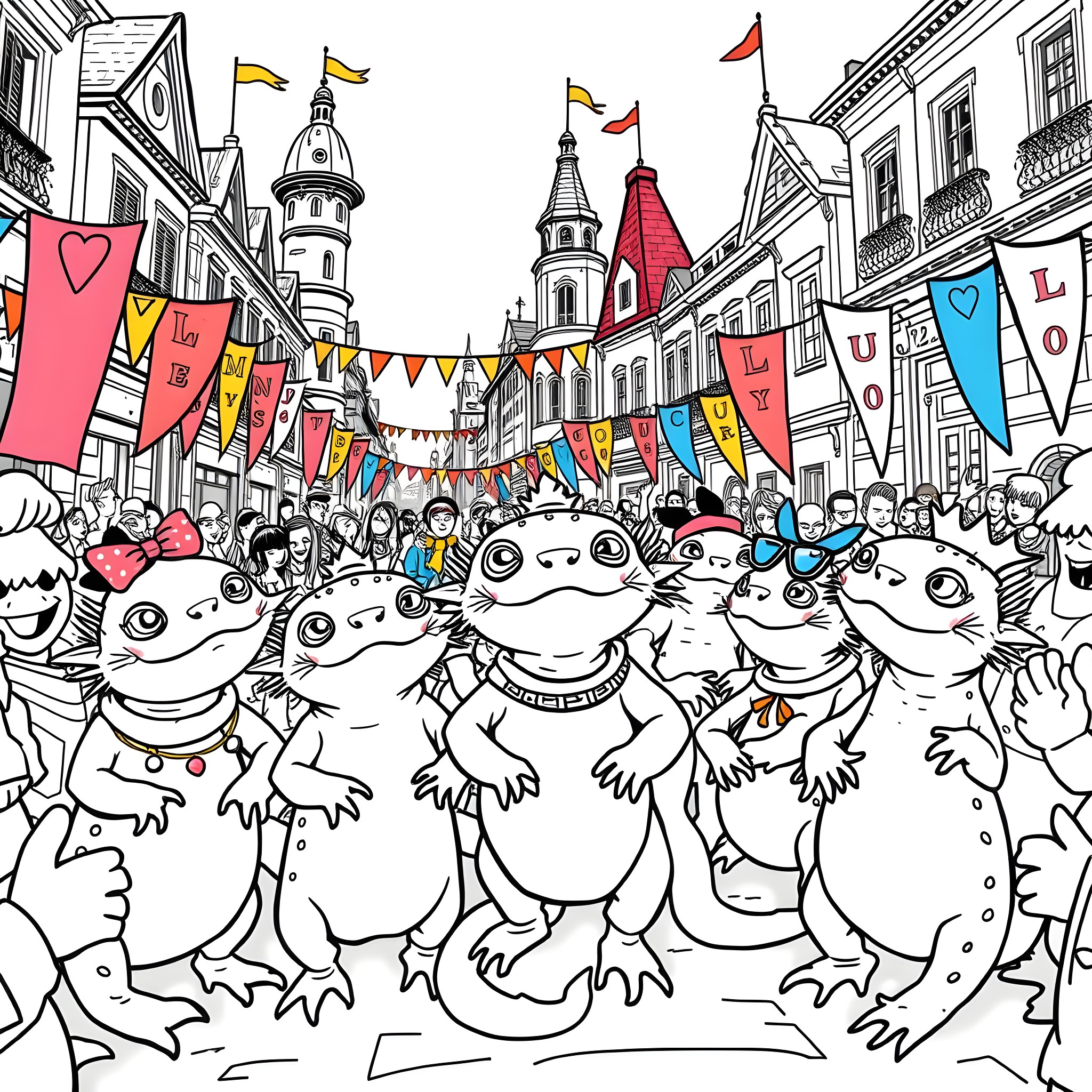 Axolotls celebrating in a lively street festival Coloring Page (free black-and-white line drawing printable PDF for all, from beginners to advanced learners, including children, teens, adults, and seniors)