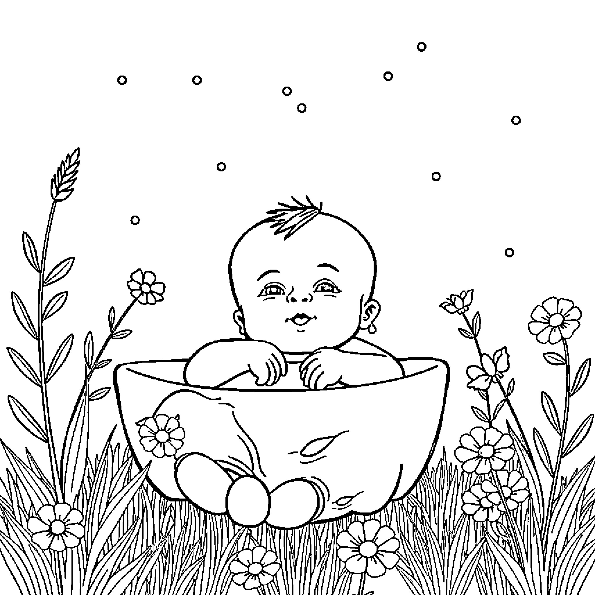 Baby playing in a flower-filled meadow Coloring Page (free black-and-white line drawing printable PDF for all, from beginners to advanced learners, including children, teens, adults, and seniors)