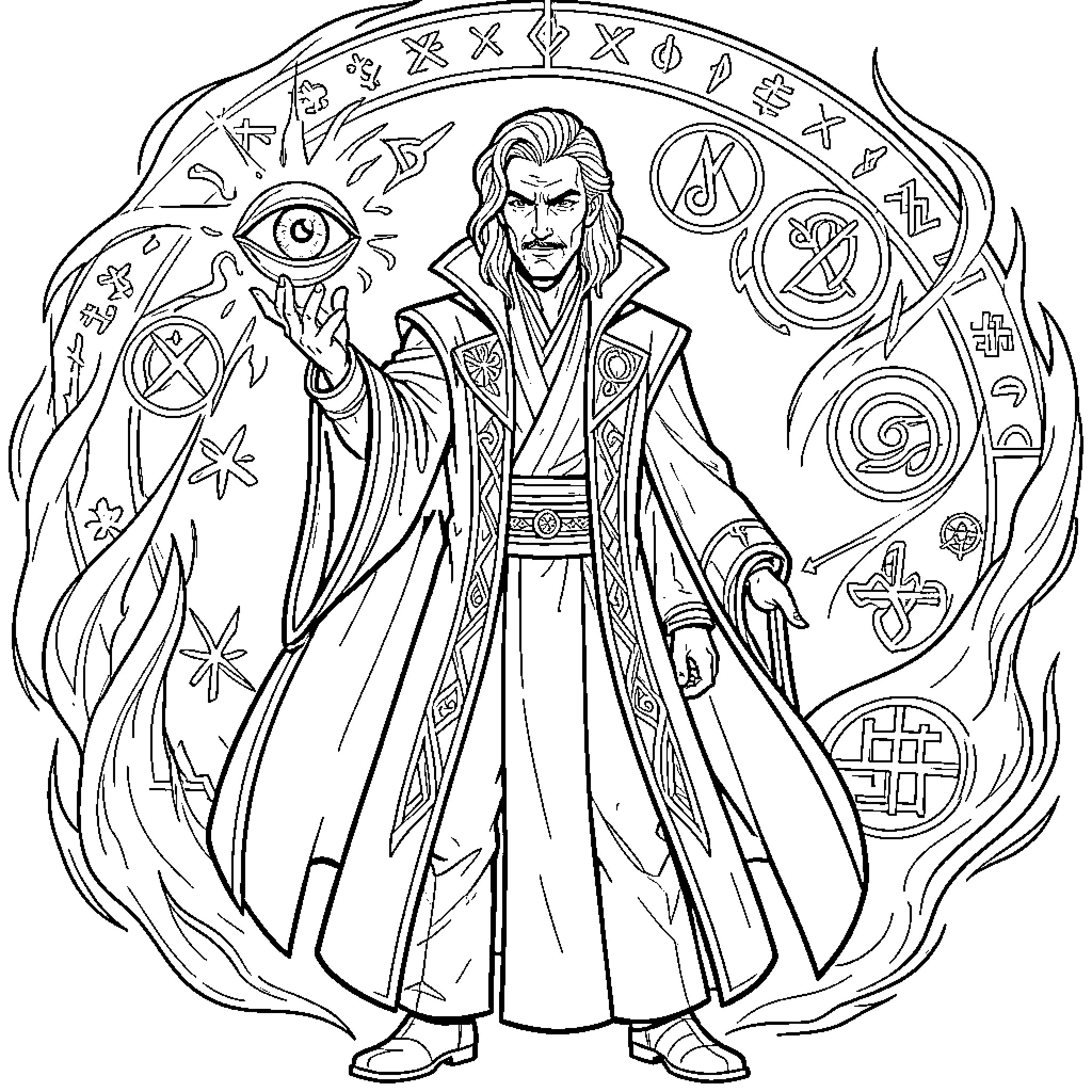 Doctor Strange casting a magical spell with mystical symbols Coloring Page (free black-and-white line drawing printable PDF for all, from beginners to advanced learners, including children, teens, adults, and seniors)