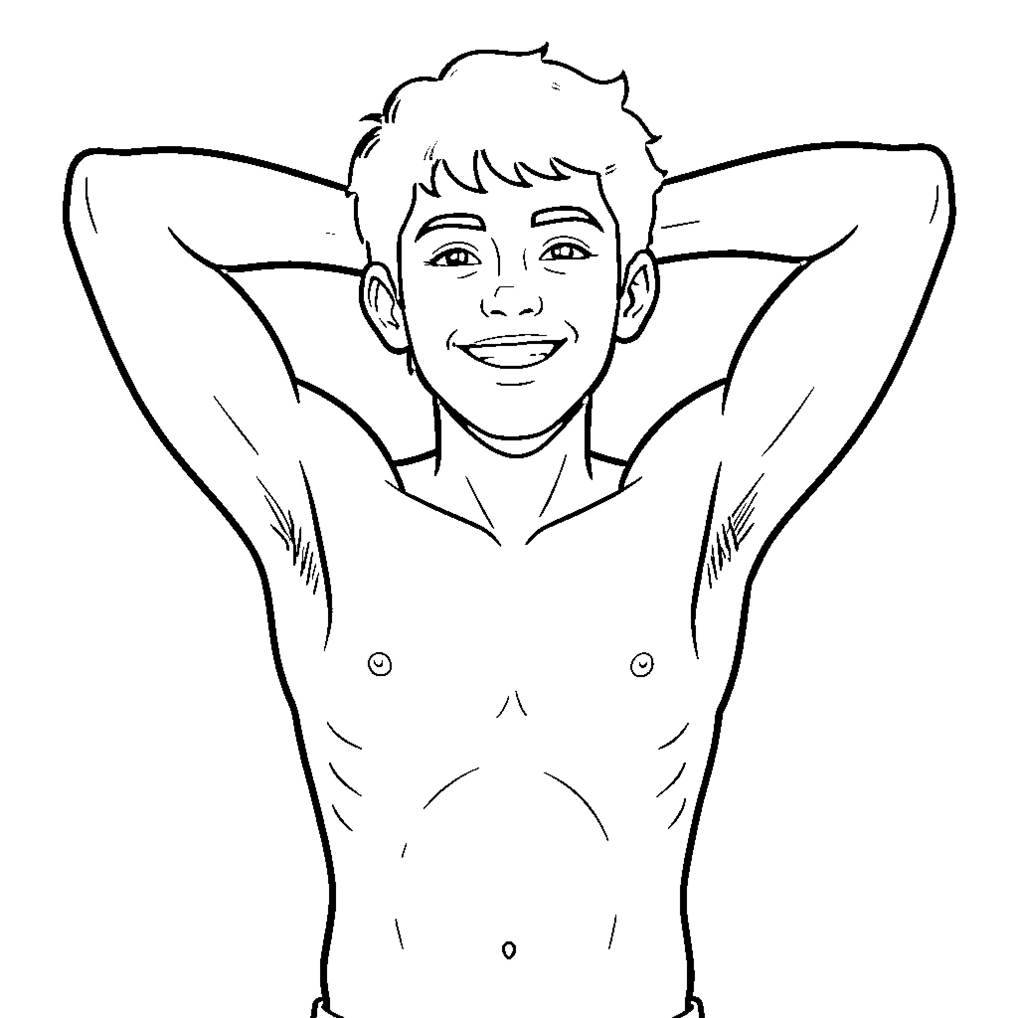 Adolescente smiling while relaxing with hands behind head Coloring Page (free black-and-white line drawing printable PDF for all, from beginners to advanced learners, including children, teens, adults, and seniors)