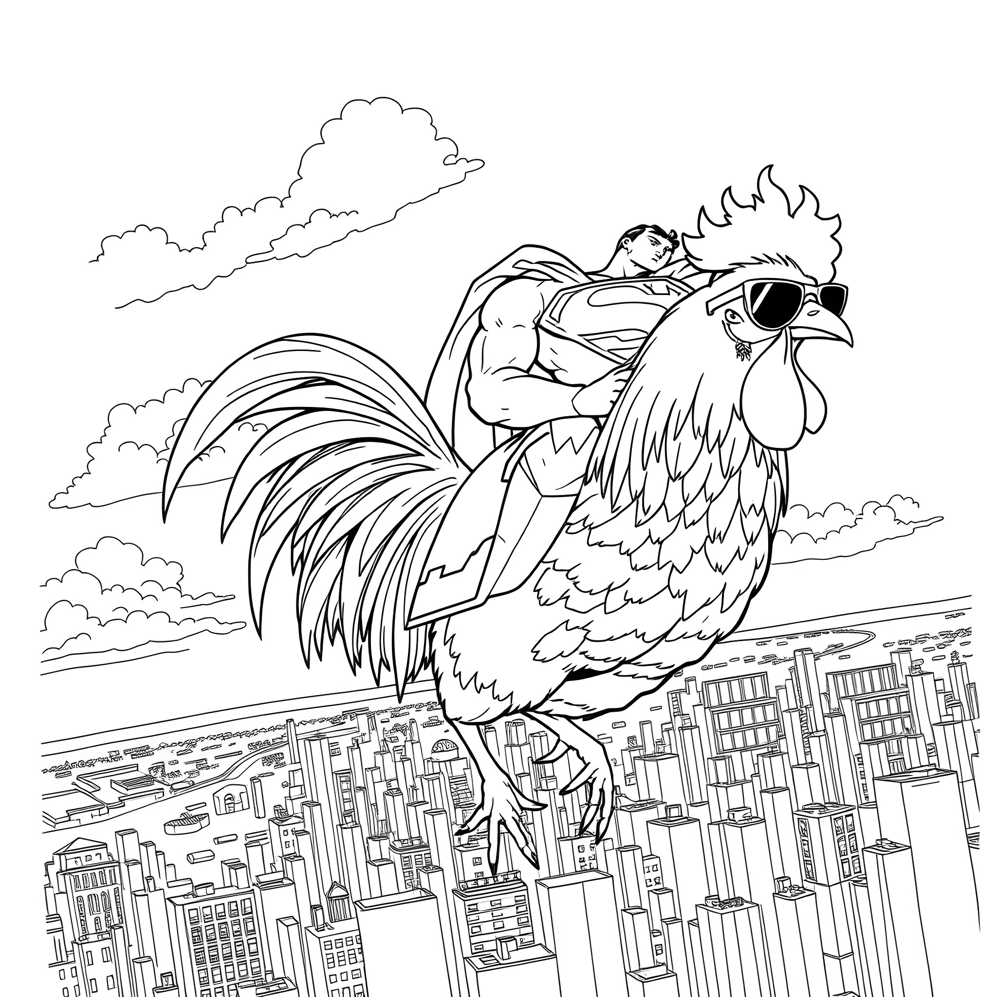 Superman riding a giant rooster over the city Coloring Page (free black-and-white line drawing printable PDF for all, from beginners to advanced learners, including children, teens, adults, and seniors)