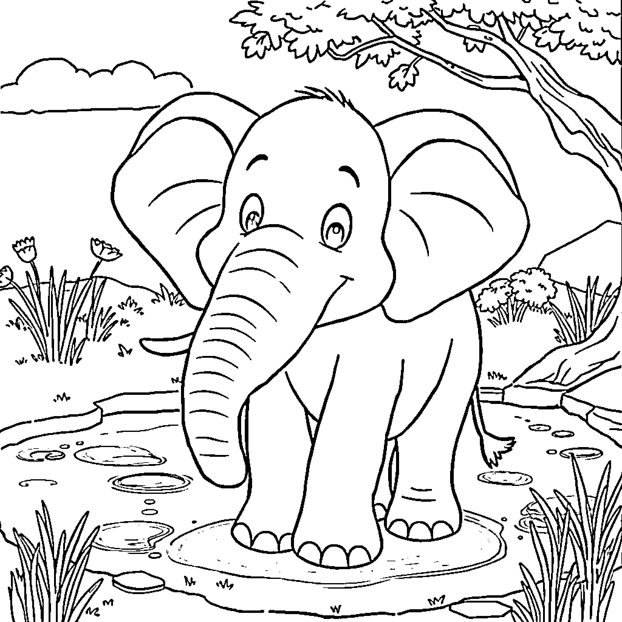 Elephant enjoying nature in the wild Coloring Page (free black-and-white line drawing printable PDF for all, from beginners to advanced learners, including children, teens, adults, and seniors)