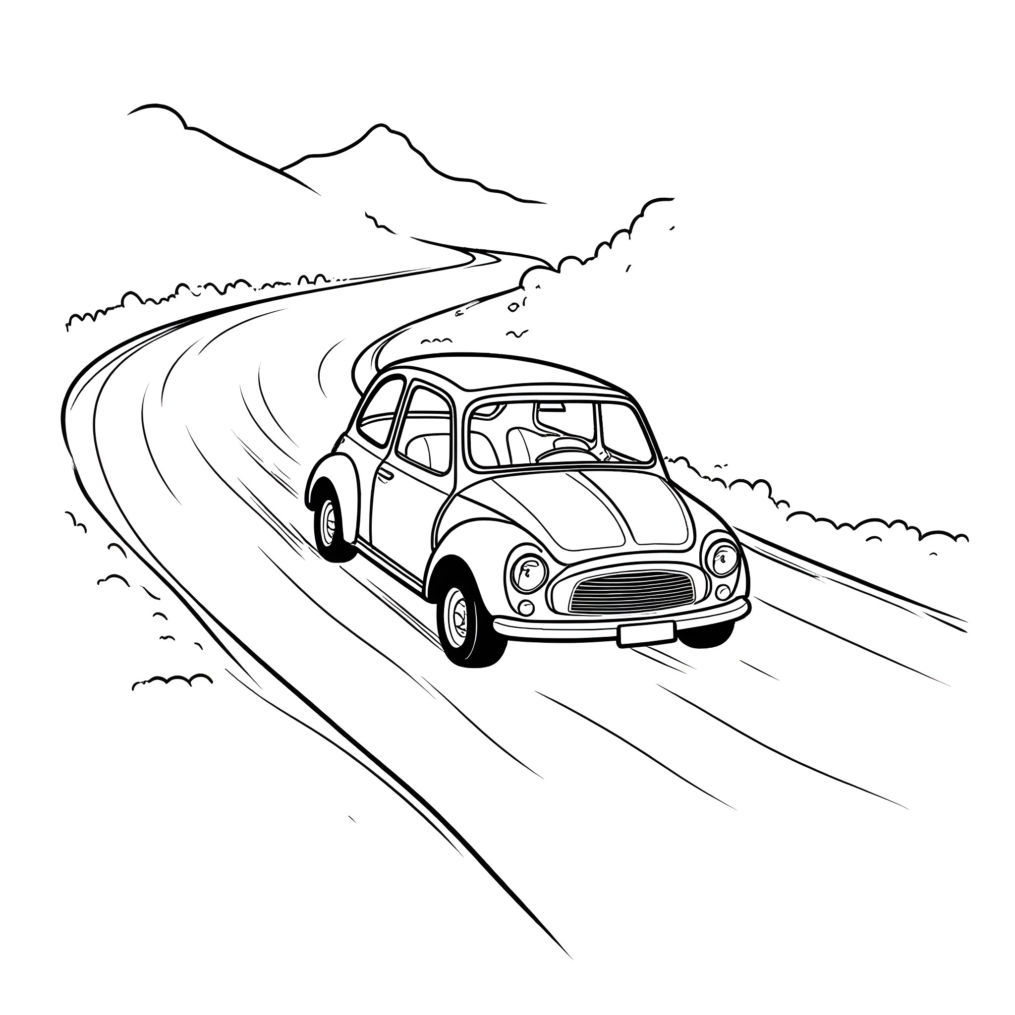 Mini classic car driving on winding mountain road Coloring Page (free black-and-white line drawing printable PDF for all, from beginners to advanced learners, including children, teens, adults, and seniors)