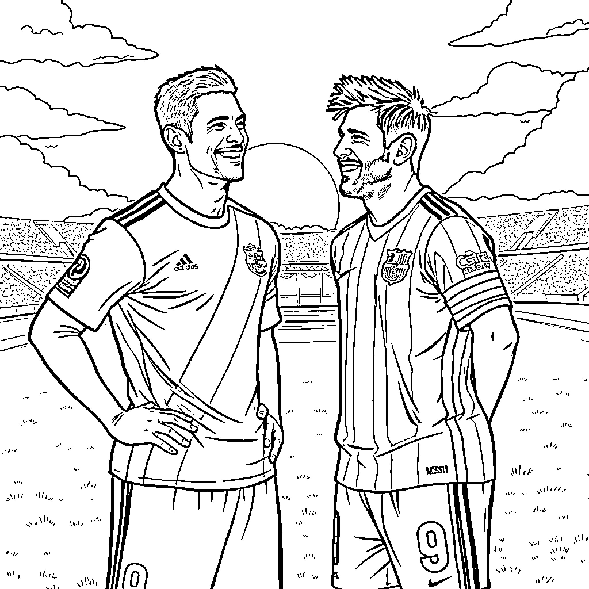 Ronaldo and teammate smiling on football field Coloring Page (free black-and-white line drawing printable PDF for all, from beginners to advanced learners, including children, teens, adults, and seniors)