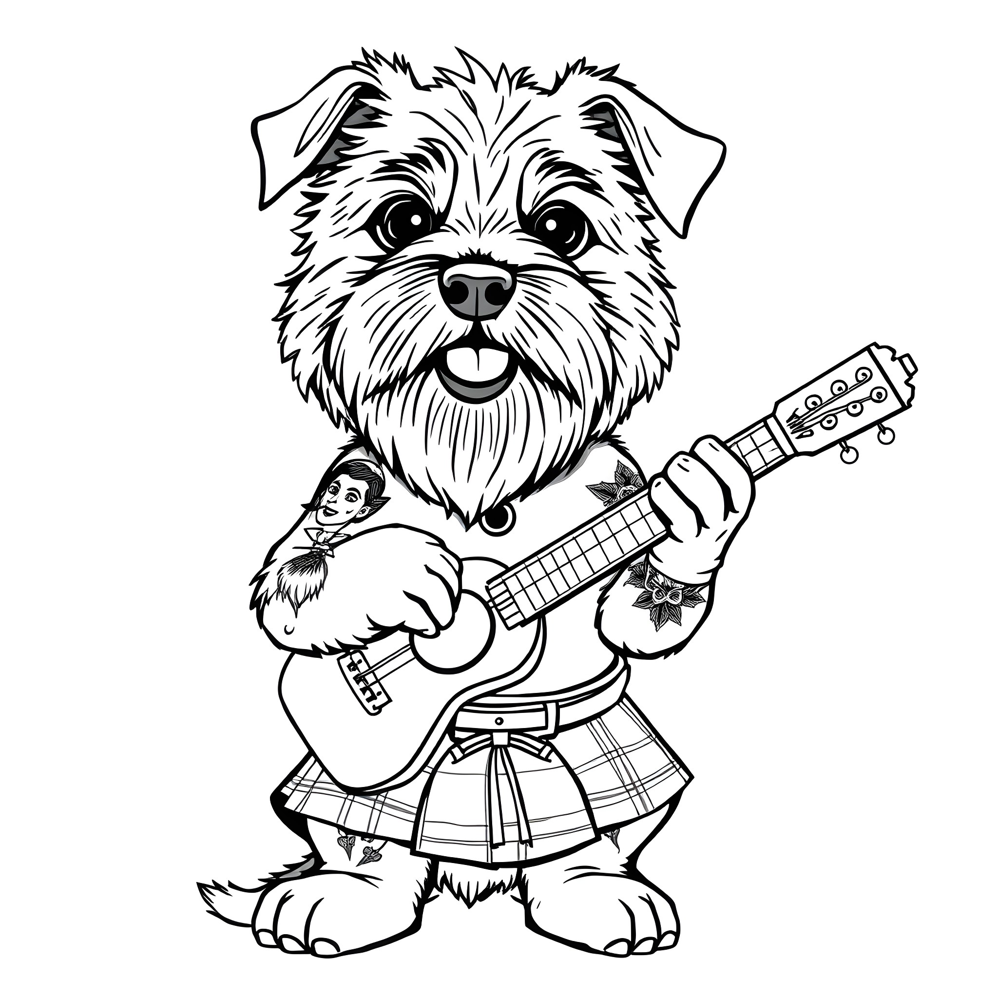 Pup playing the guitar on stage Coloring Page (free black-and-white line drawing printable PDF for all, from beginners to advanced learners, including children, teens, adults, and seniors)
