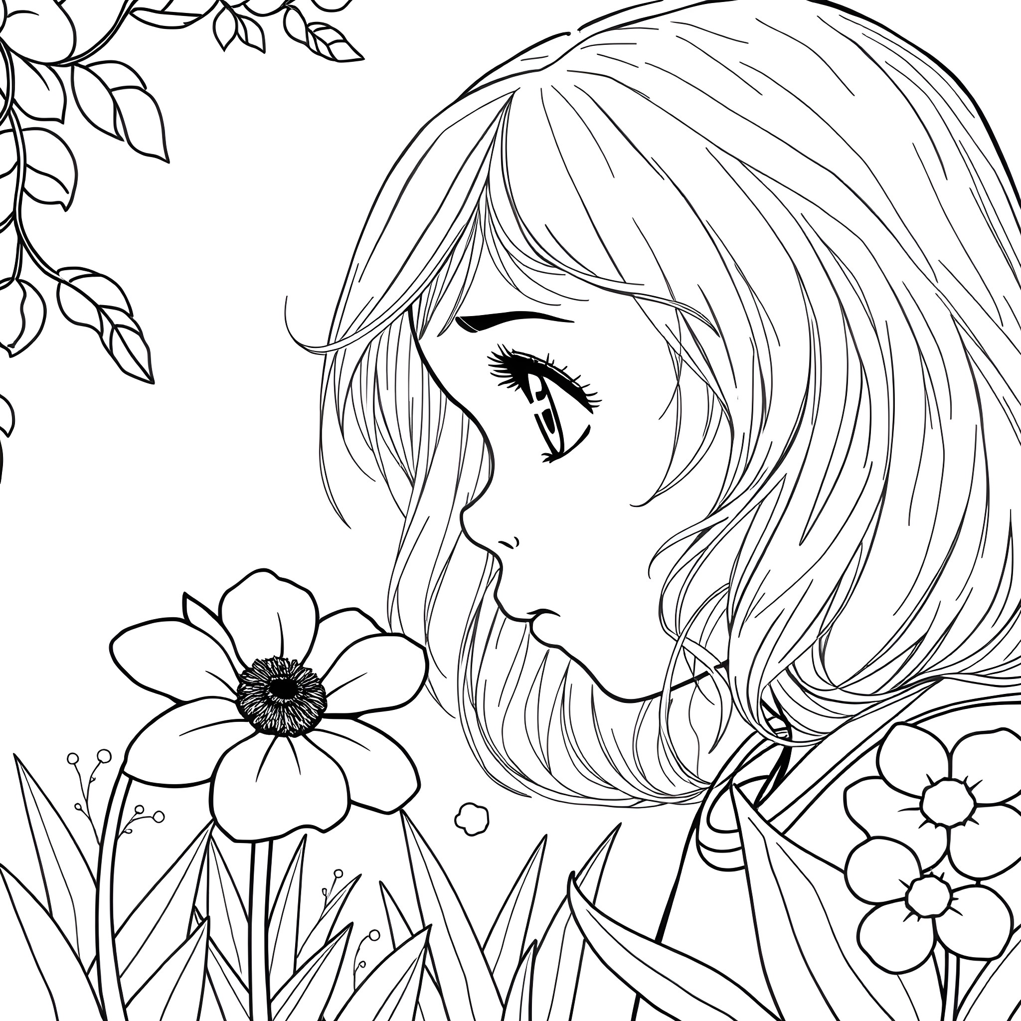 Girl enjoying nature and flowers Coloring Page (free black-and-white line drawing printable PDF for all, from beginners to advanced learners, including children, teens, adults, and seniors)