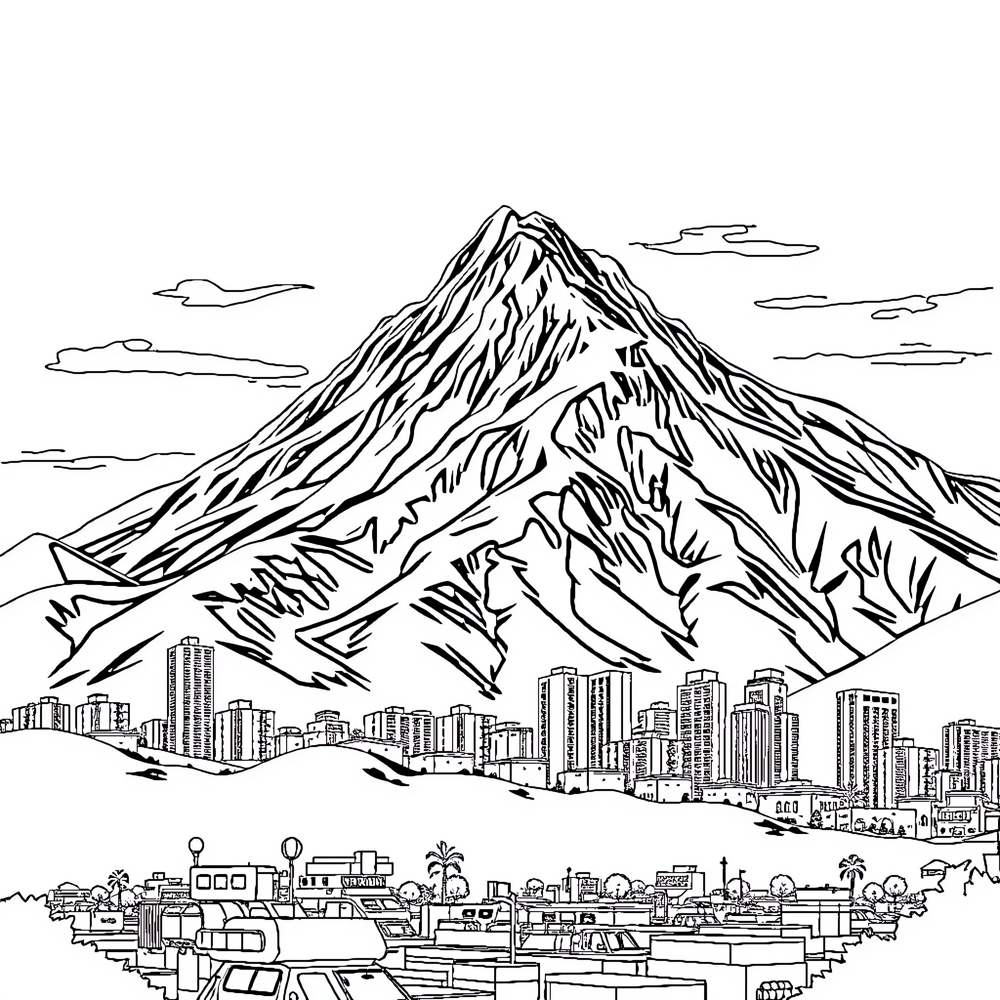 Cerro de la Silla in the city landscape Coloring Page (free black-and-white line drawing printable PDF for all, from beginners to advanced learners, including children, teens, adults, and seniors)