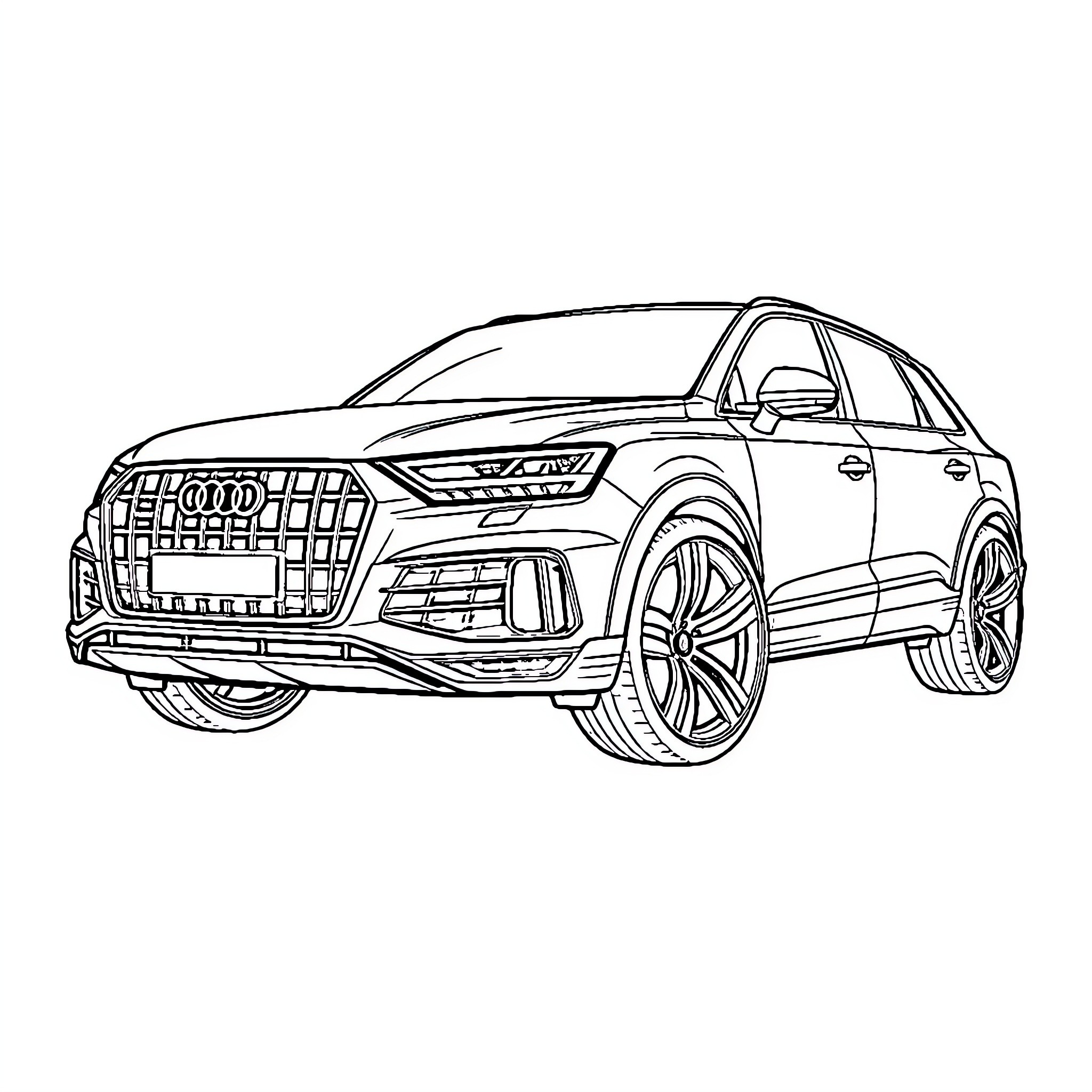Audi SUV in sleek design with bold details Coloring Page (free black-and-white line drawing printable PDF for all, from beginners to advanced learners, including children, teens, adults, and seniors)