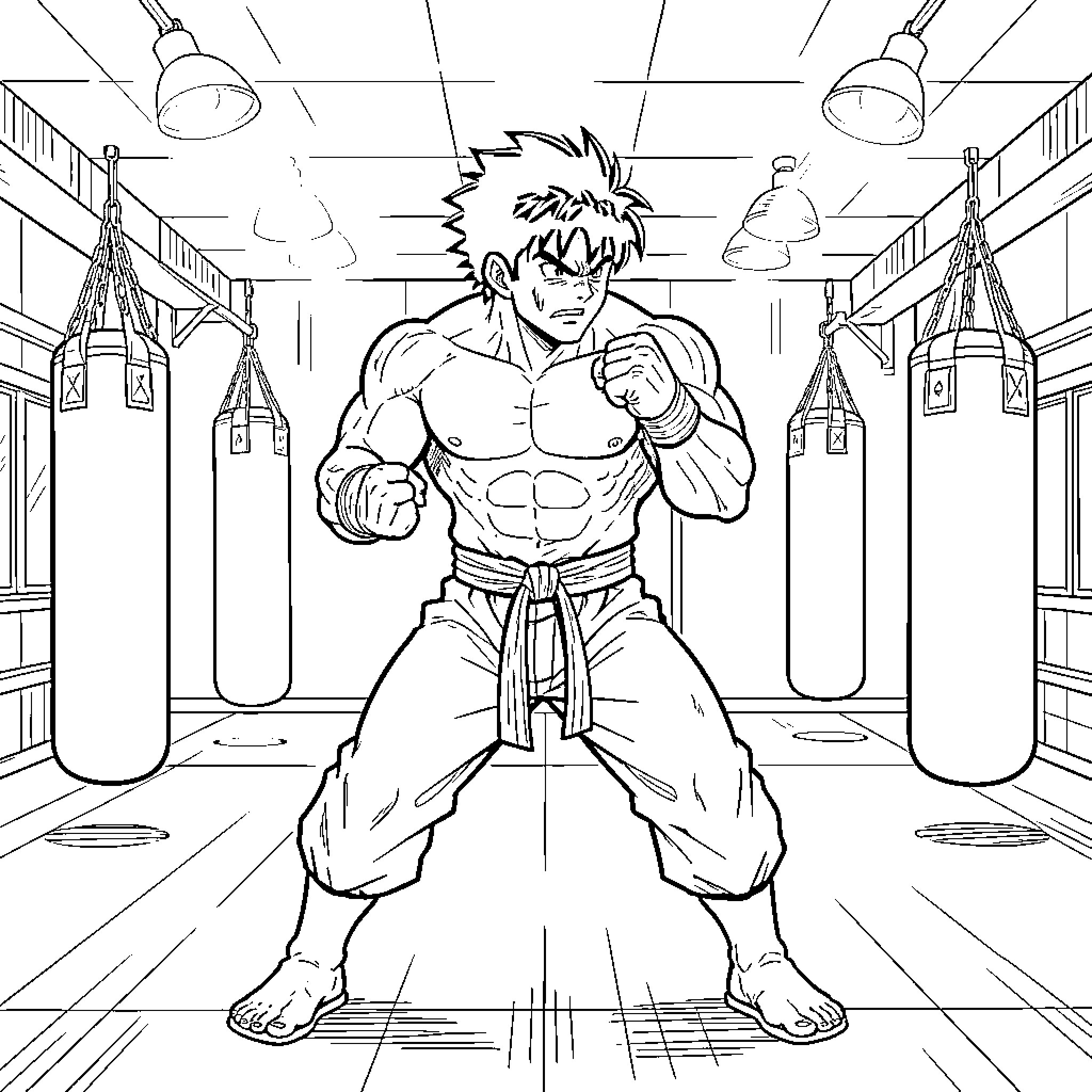 Baki's Intense Training in the Gym Coloring Page (free black-and-white line drawing printable PDF for all, from beginners to advanced learners, including children, teens, adults, and seniors)