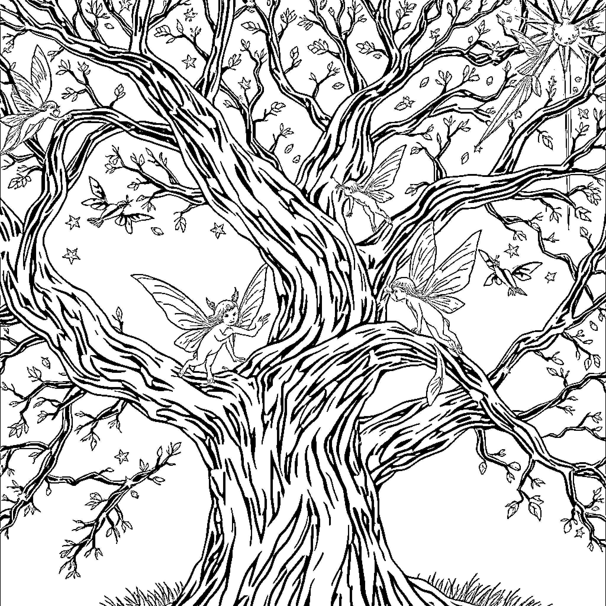 Fairy Woodland Scene with Enchanting Tree Coloring Page (free black-and-white line drawing printable PDF for all, from beginners to advanced learners, including children, teens, adults, and seniors)