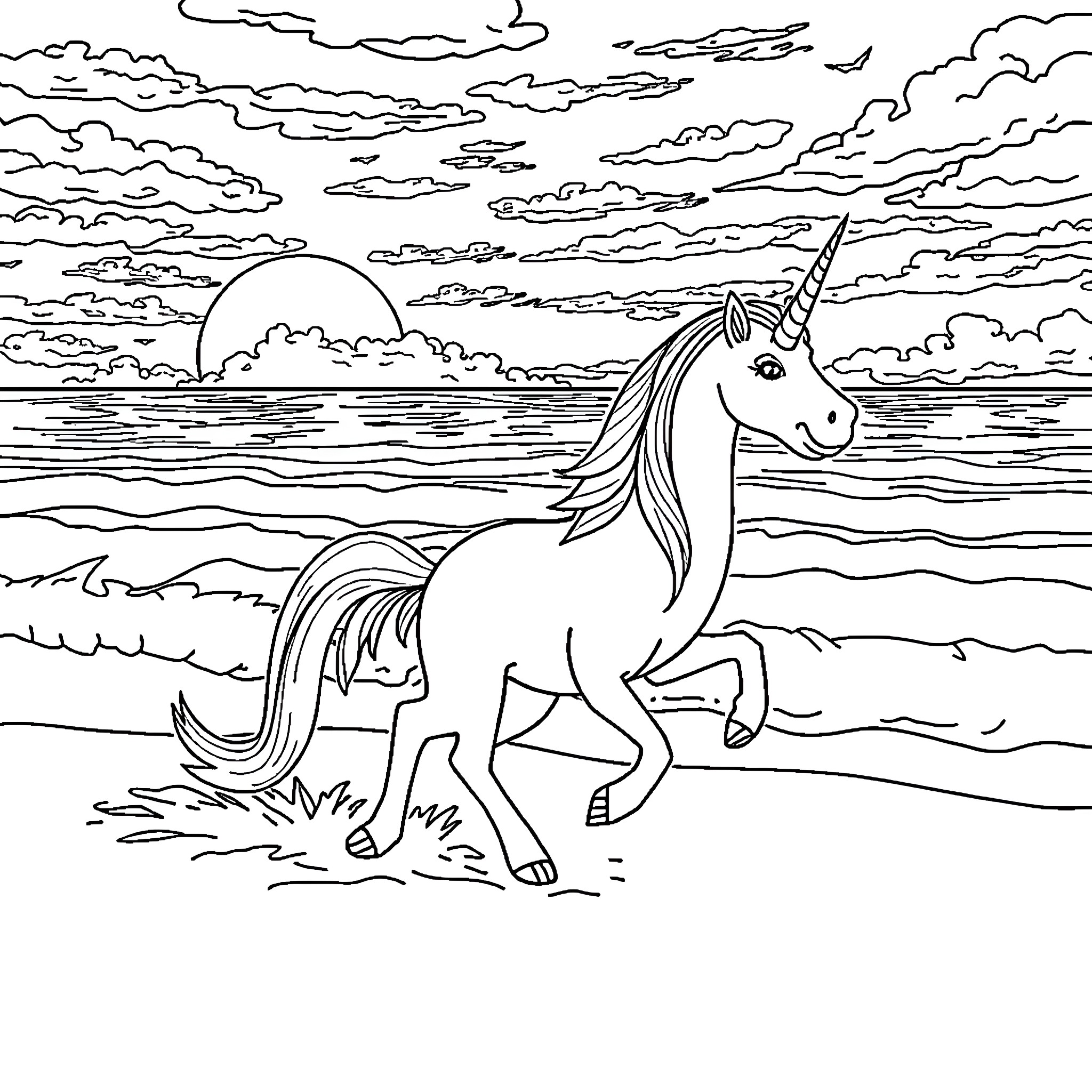Unicorn galloping through a magical landscape Coloring Page (free black-and-white line drawing printable PDF for all, from beginners to advanced learners, including children, teens, adults, and seniors)