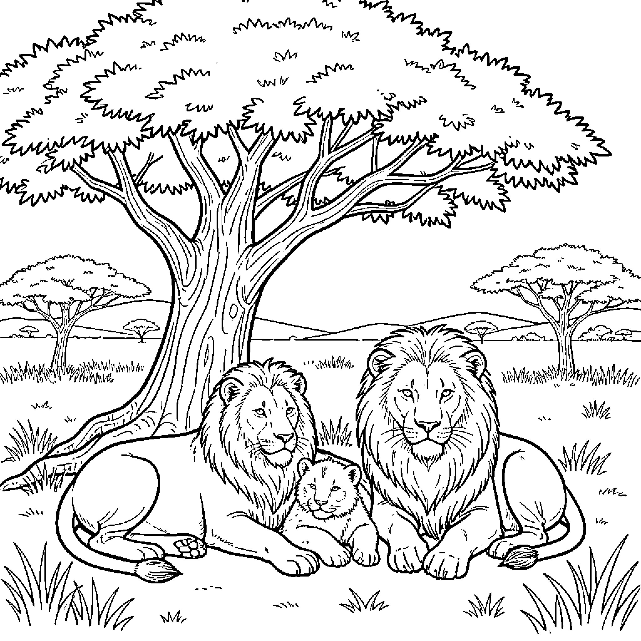 Lion family resting in the savanna Coloring Page (free black-and-white line drawing printable PDF for all, from beginners to advanced learners, including children, teens, adults, and seniors)