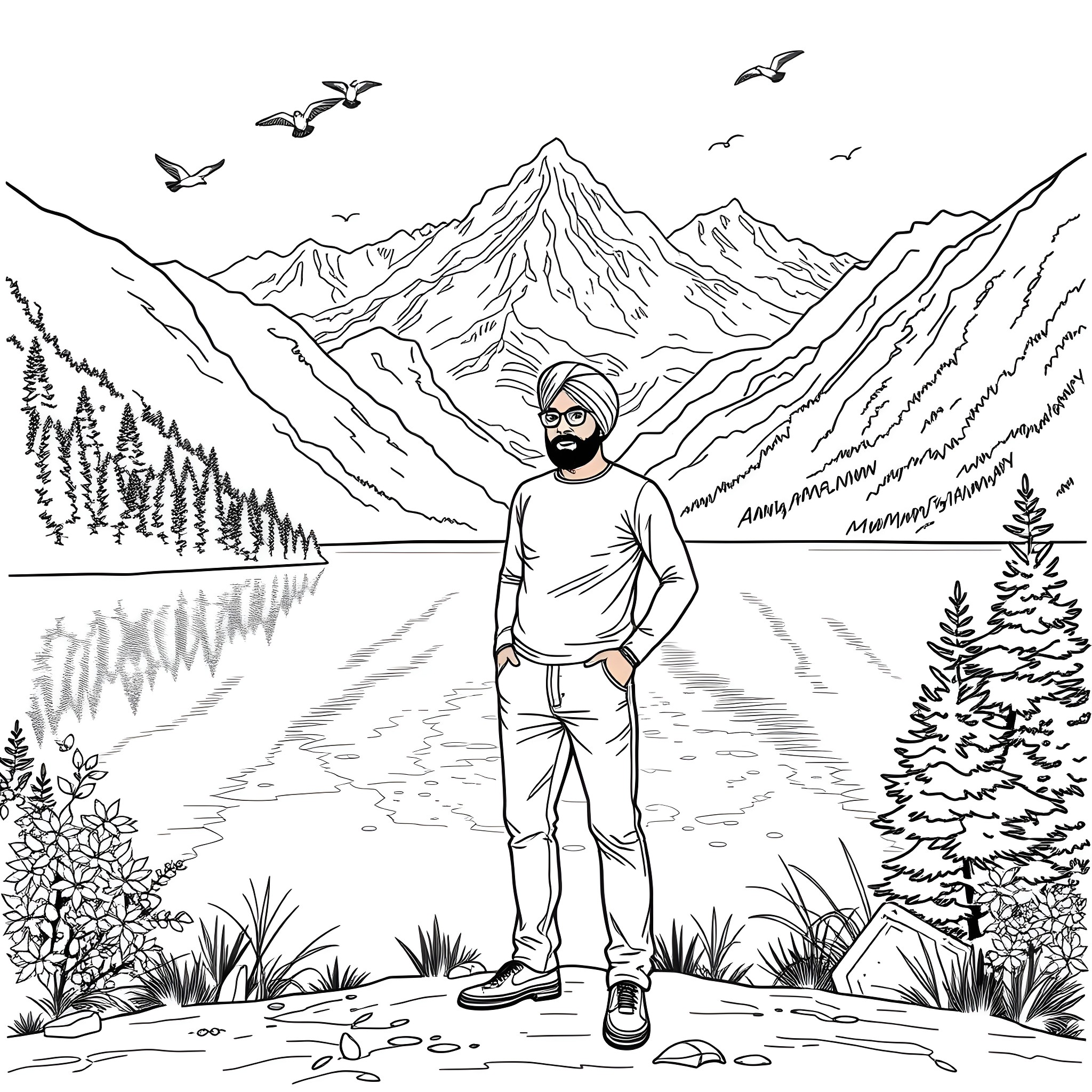 Anwarpreet Singh Bath enjoys the scenic mountain landscape Coloring Page (free black-and-white line drawing printable PDF for all, from beginners to advanced learners, including children, teens, adults, and seniors)