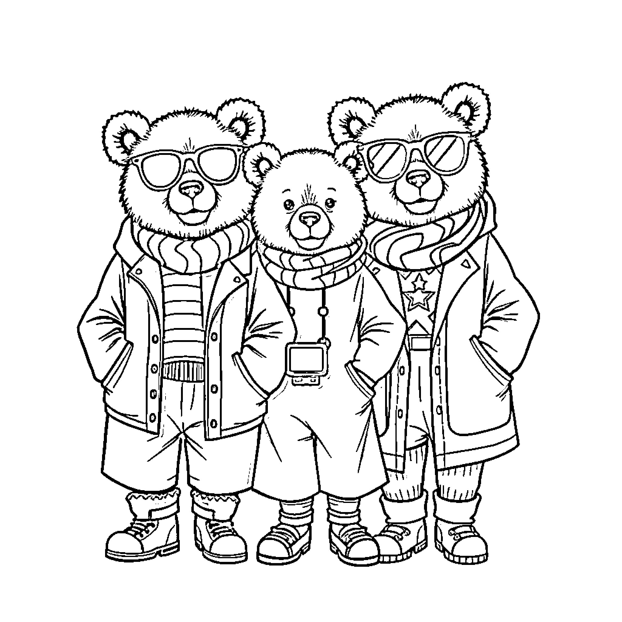 Bear friends dressed in coats and sunglasses Coloring Page (free black-and-white line drawing printable PDF for all, from beginners to advanced learners, including children, teens, adults, and seniors)