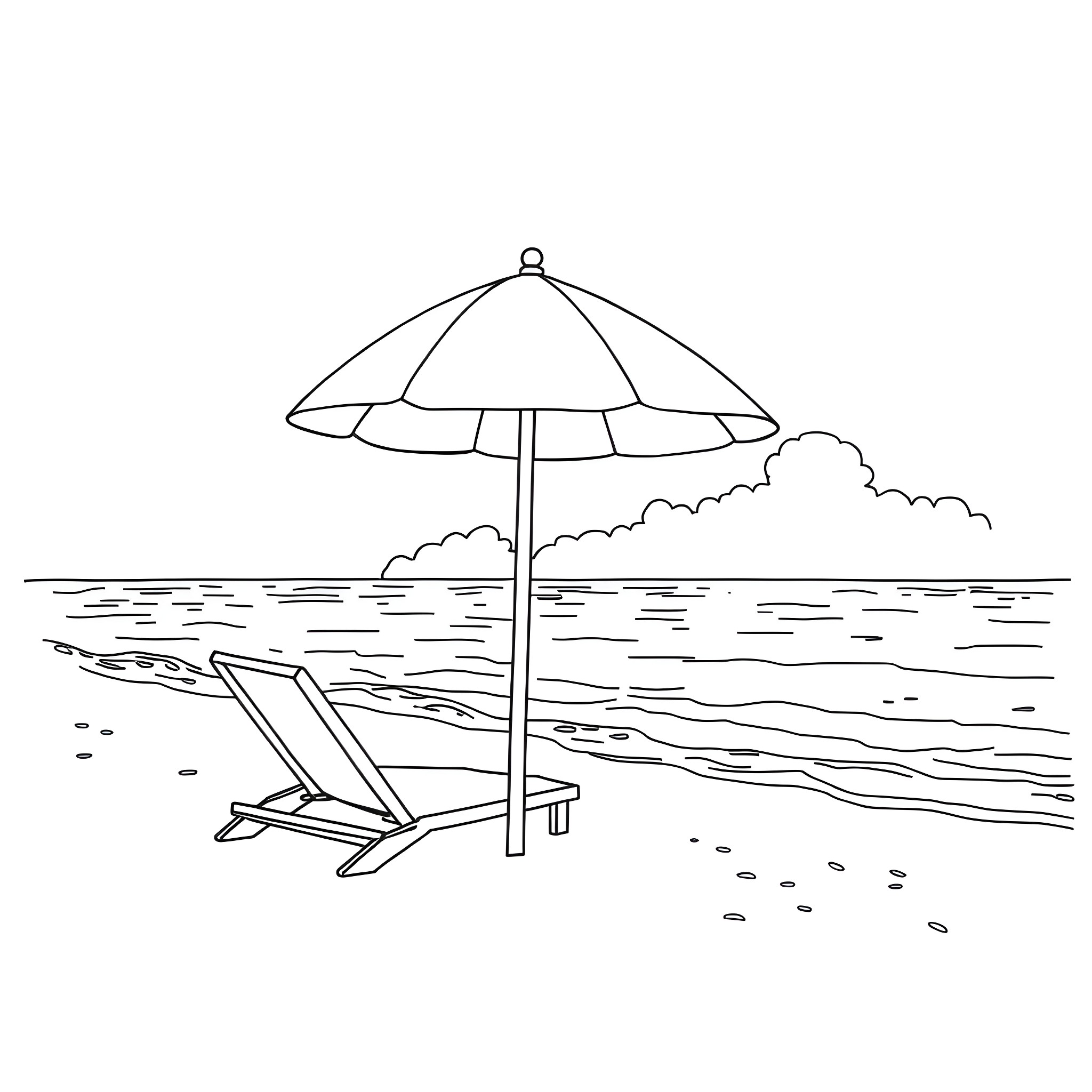 Flach Beach Umbrellas and Chairs by the Ocean Coloring Page (free black-and-white line drawing printable PDF for all, from beginners to advanced learners, including children, teens, adults, and seniors)