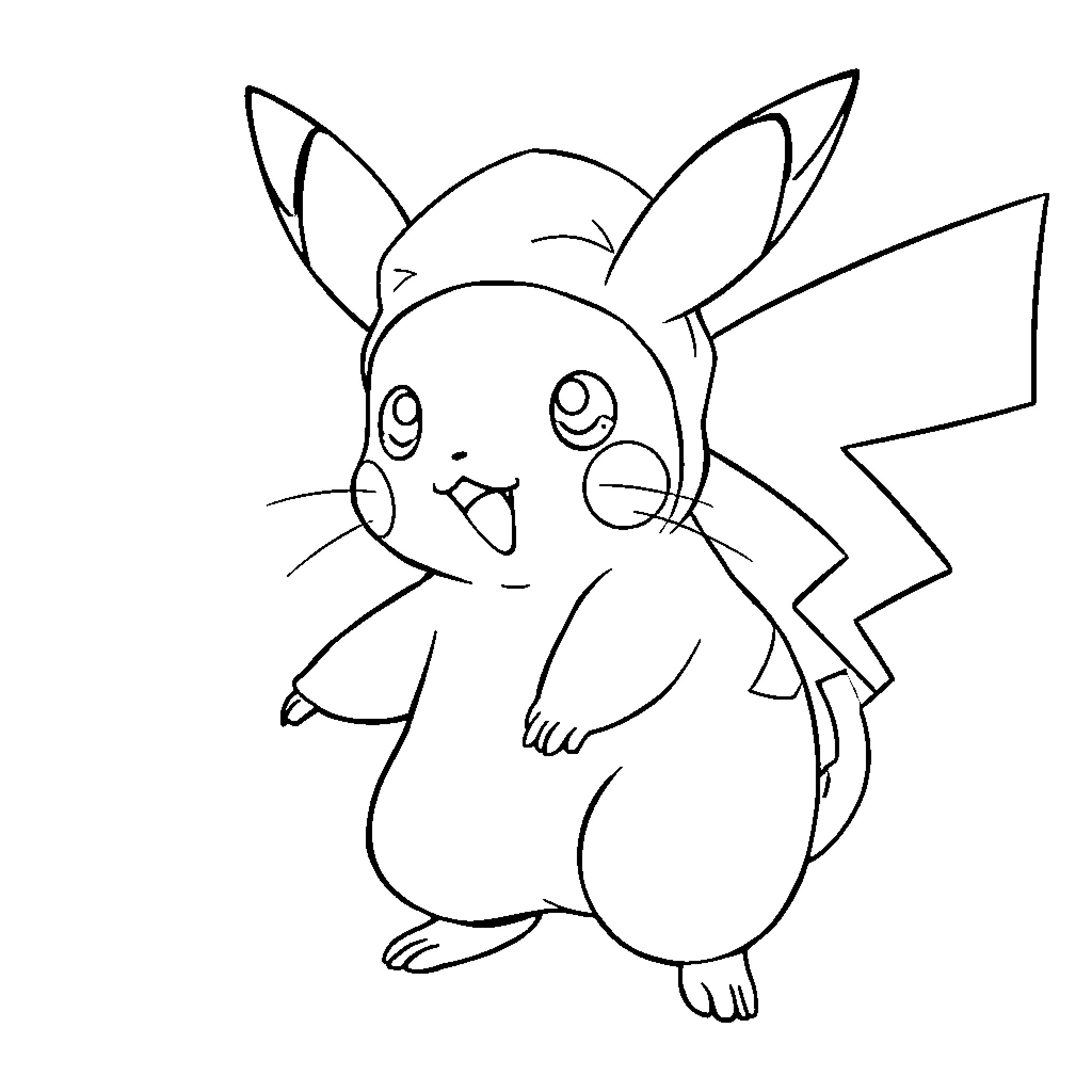 Pikachu wearing a cute hat and smiling happily Coloring Page (free black-and-white line drawing printable PDF for all, from beginners to advanced learners, including children, teens, adults, and seniors)