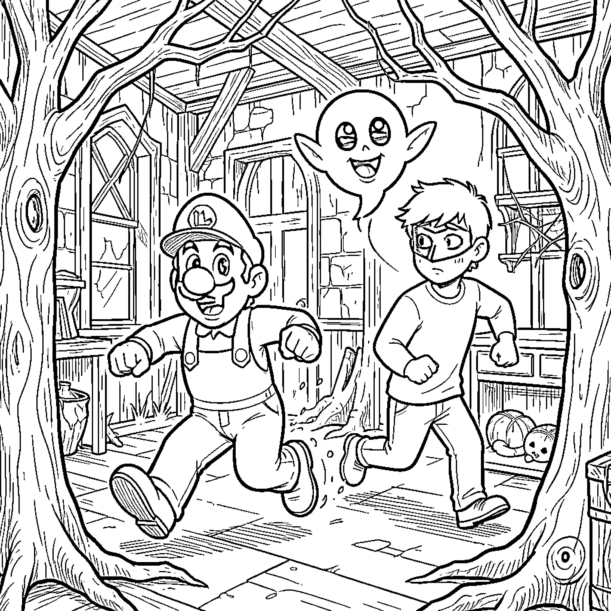 Luigi's Spooky Adventure with Friends Coloring Page (free black-and-white line drawing printable PDF for all, from beginners to advanced learners, including children, teens, adults, and seniors)