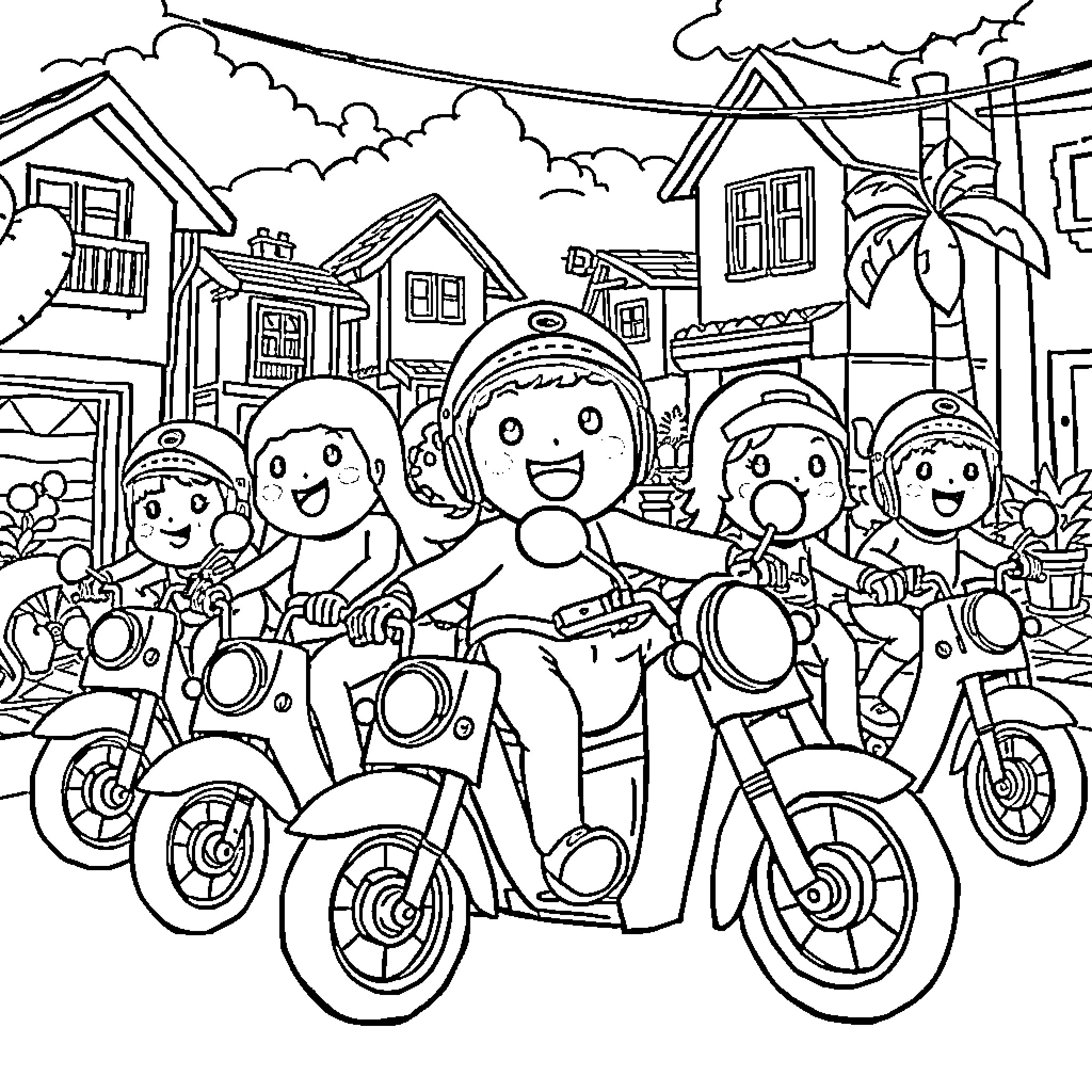 Cocomelon Characters Riding Scooters in Town Coloring Page (free black-and-white line drawing printable PDF for all, from beginners to advanced learners, including children, teens, adults, and seniors)