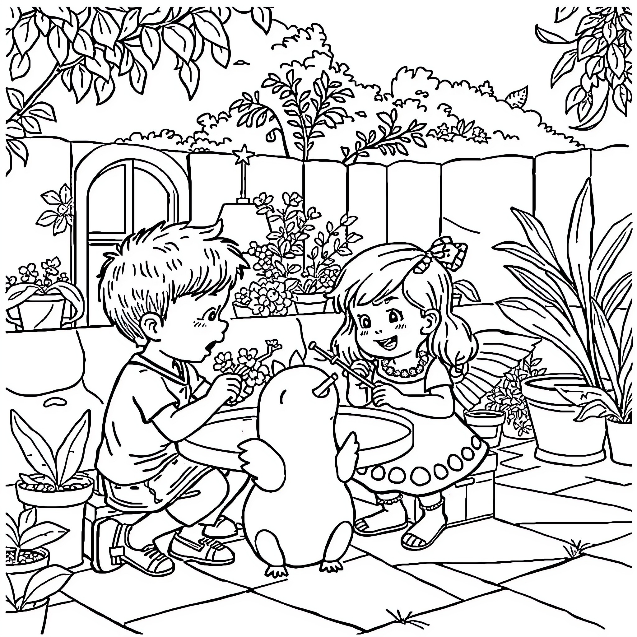Girl and boy playing together in a garden Coloring Page (free black-and-white line drawing printable PDF for all, from beginners to advanced learners, including children, teens, adults, and seniors)