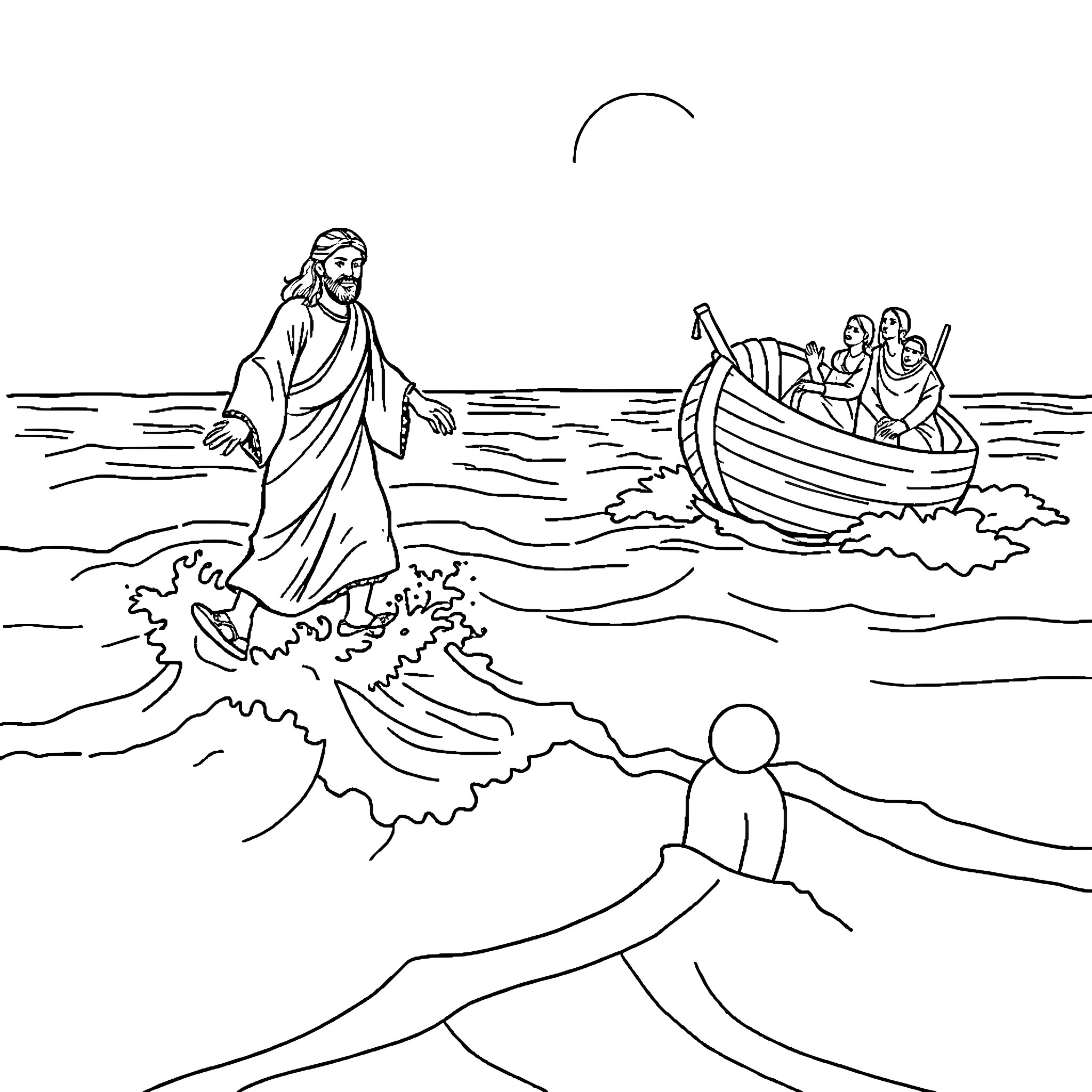 Jesus walking on water to assist disciples in boat Coloring Page (free black-and-white line drawing printable PDF for all, from beginners to advanced learners, including children, teens, adults, and seniors)