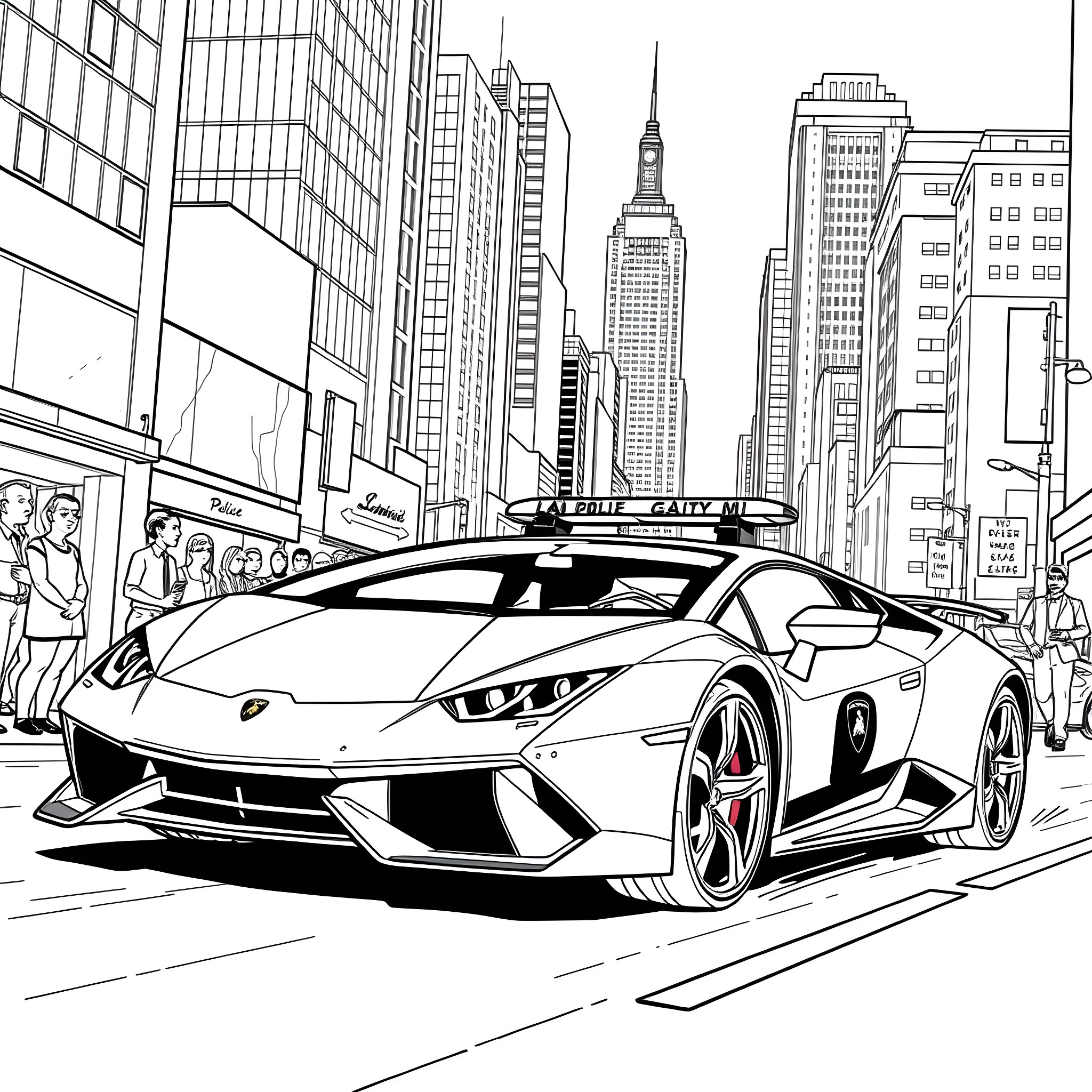 Lamborghini speeding through the city streets Coloring Page (free black-and-white line drawing printable PDF for all, from beginners to advanced learners, including children, teens, adults, and seniors)
