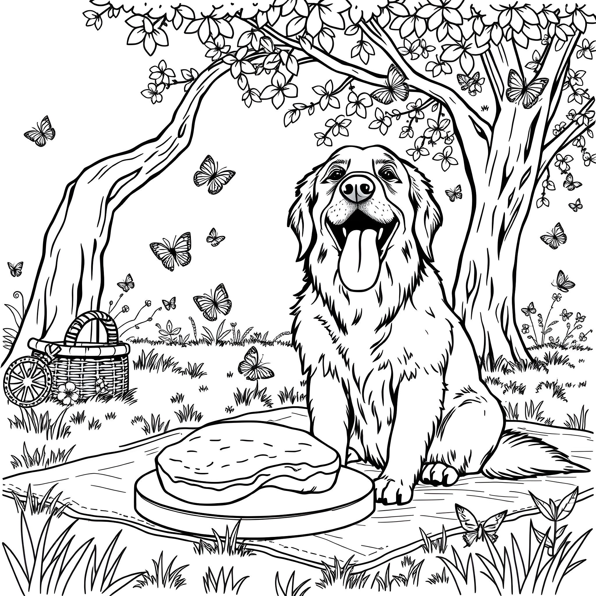 Golden Retriever Enjoying a Picnic in the Park Coloring Page (free black-and-white line drawing printable PDF for all, from beginners to advanced learners, including children, teens, adults, and seniors)