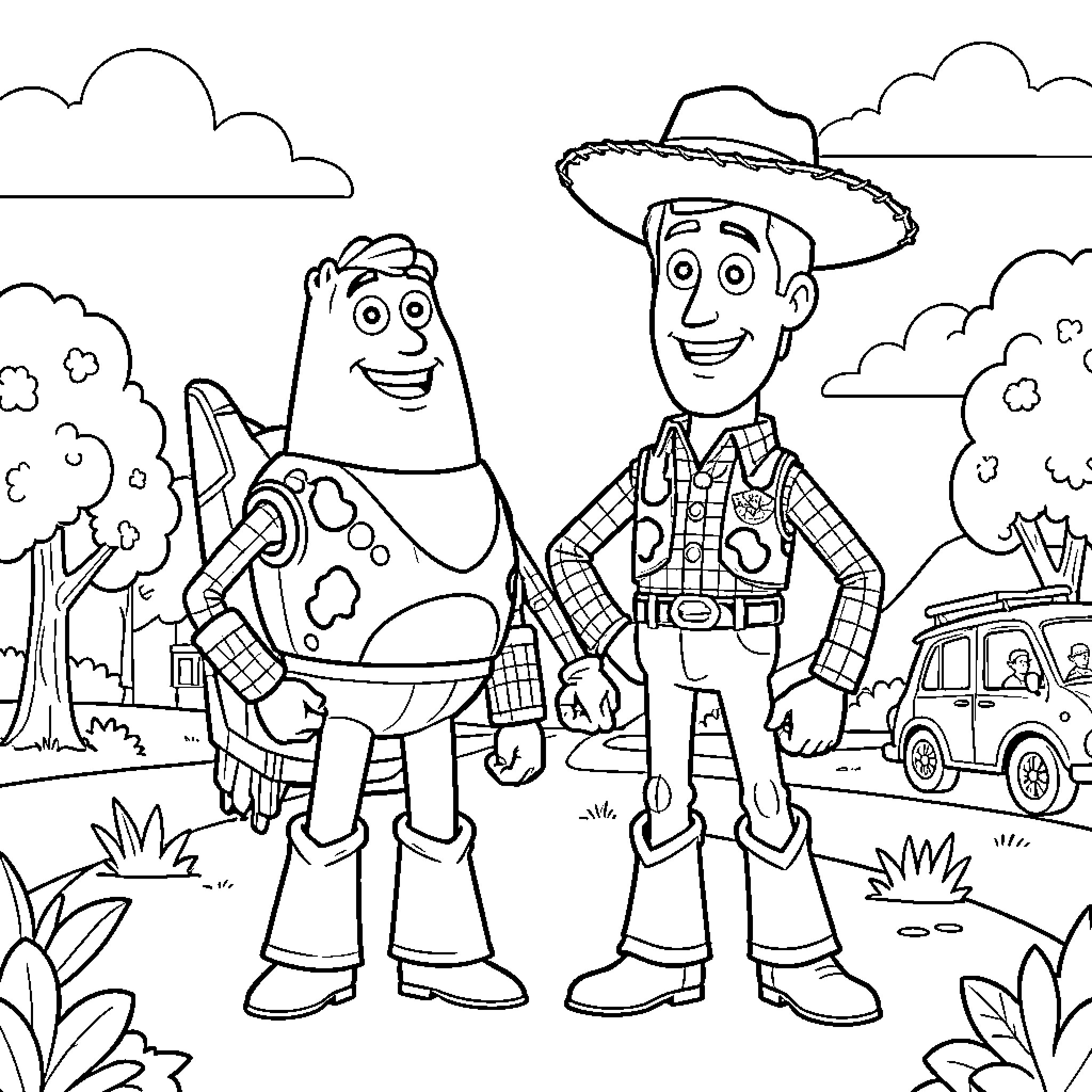 Buzz and Woody standing together smiling in a park Coloring Page (free black-and-white line drawing printable PDF for all, from beginners to advanced learners, including children, teens, adults, and seniors)