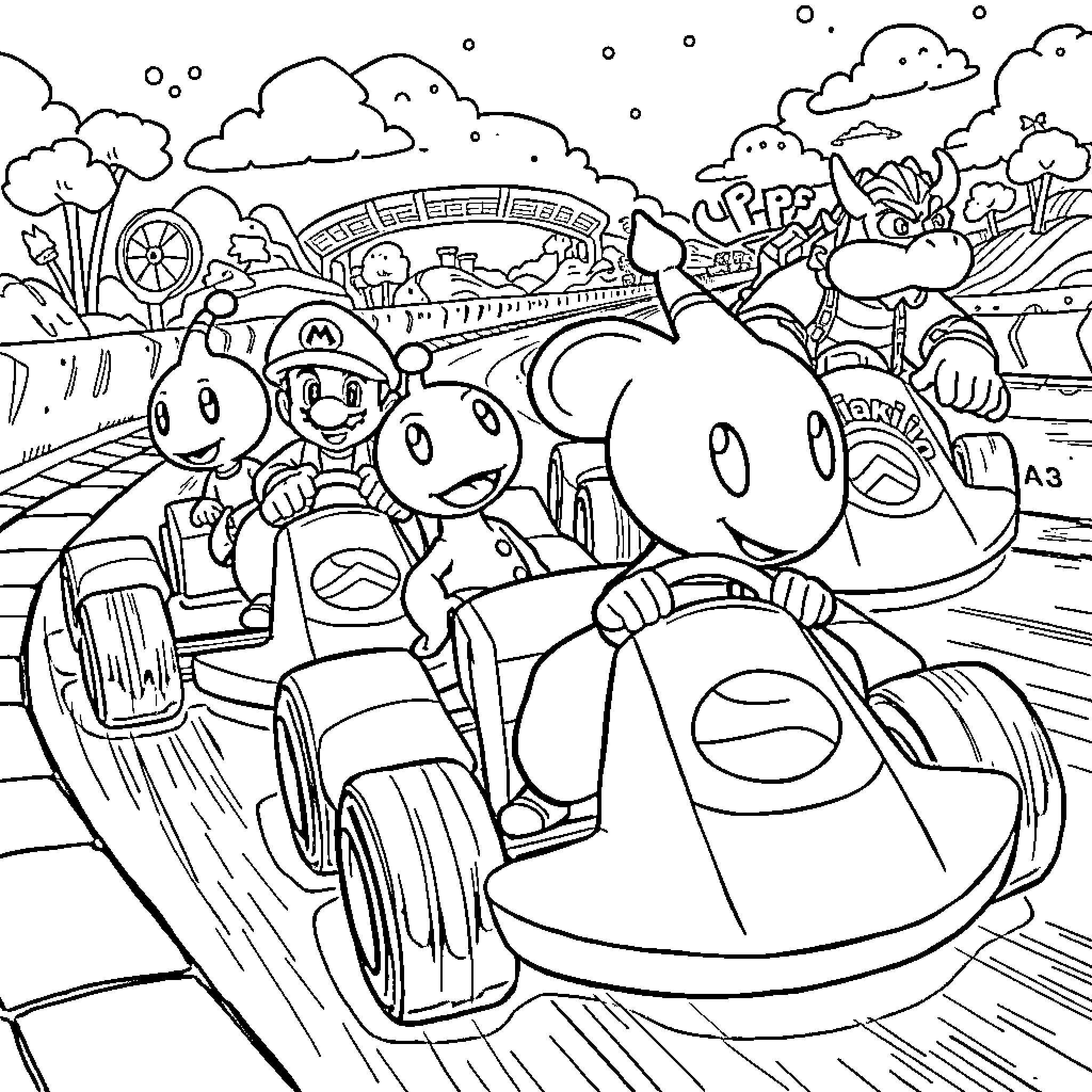 Pikmin racing adventure on a colorful track Coloring Page (free black-and-white line drawing printable PDF for all, from beginners to advanced learners, including children, teens, adults, and seniors)