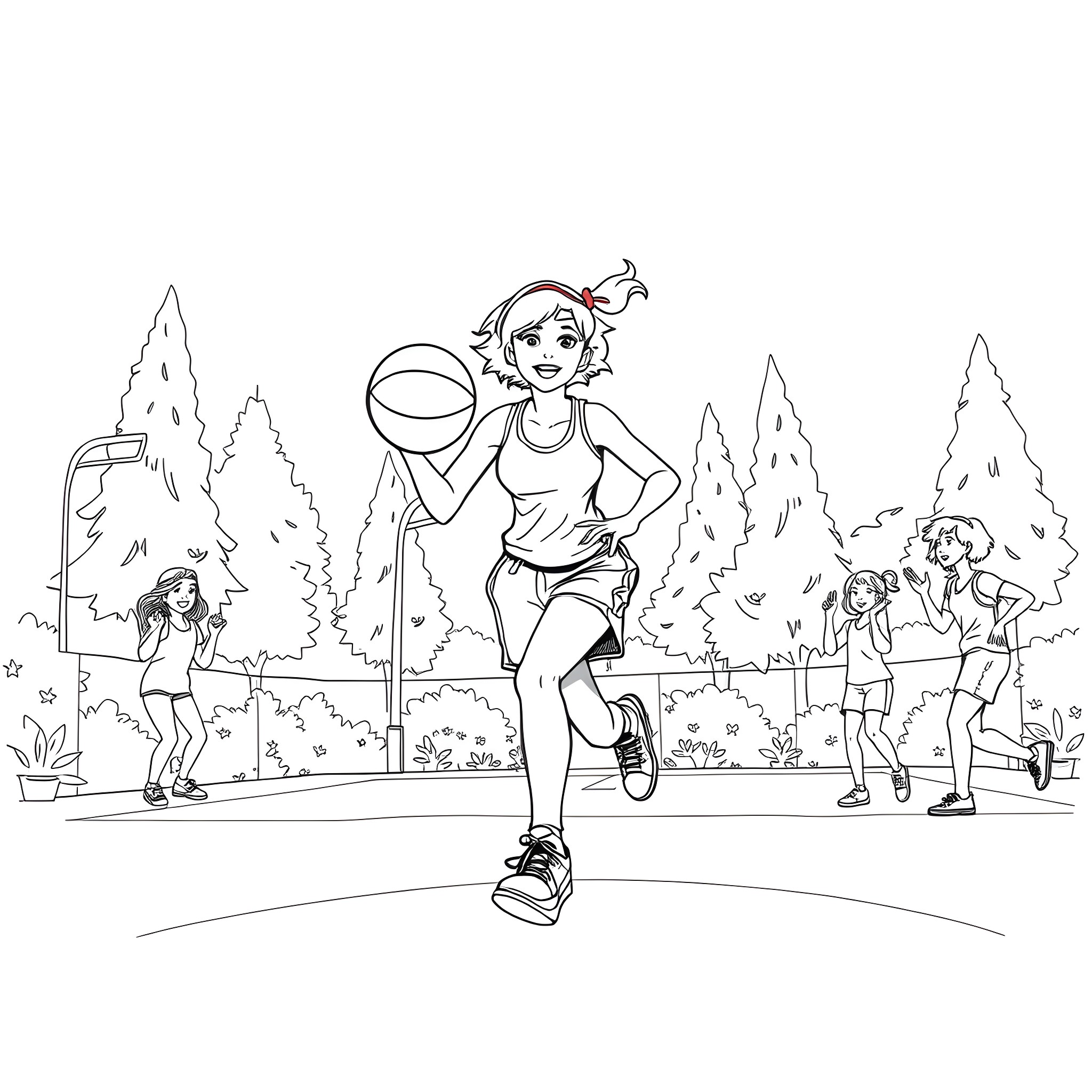 Miss Rachel's Playful Basketball Game in the Park Coloring Page (free black-and-white line drawing printable PDF for all, from beginners to advanced learners, including children, teens, adults, and seniors)