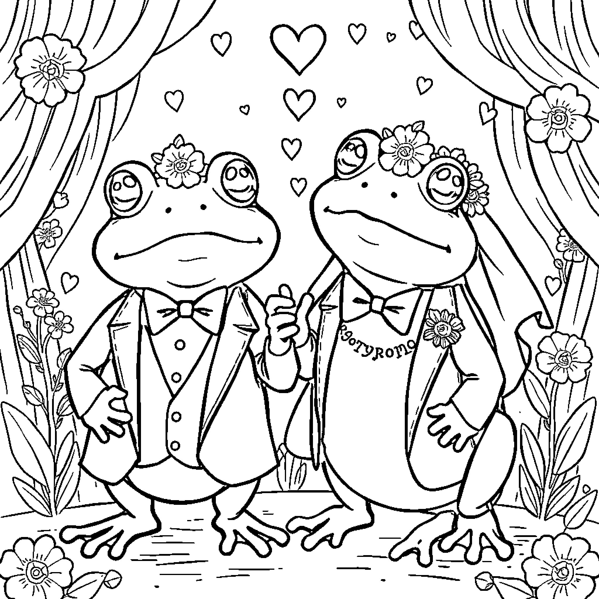 Frog couple in romantic setting with flowers Coloring Page (free black-and-white line drawing printable PDF for all, from beginners to advanced learners, including children, teens, adults, and seniors)
