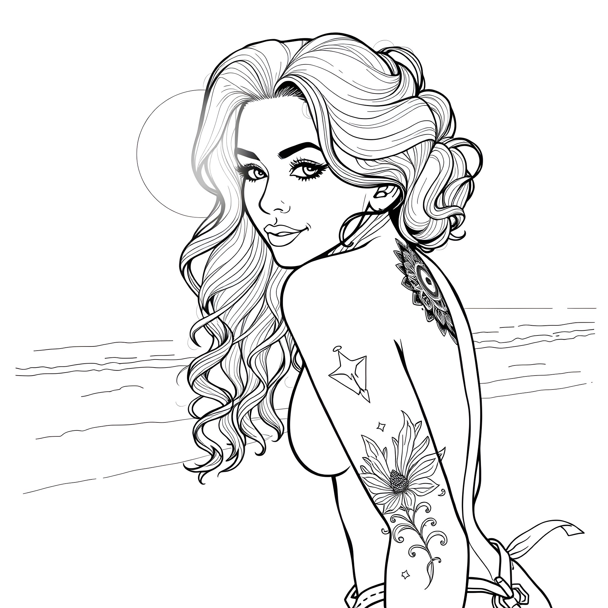 Girl with Flowing Hair and Tattoos by the Sea Coloring Page (free black-and-white line drawing printable PDF for all, from beginners to advanced learners, including children, teens, adults, and seniors)