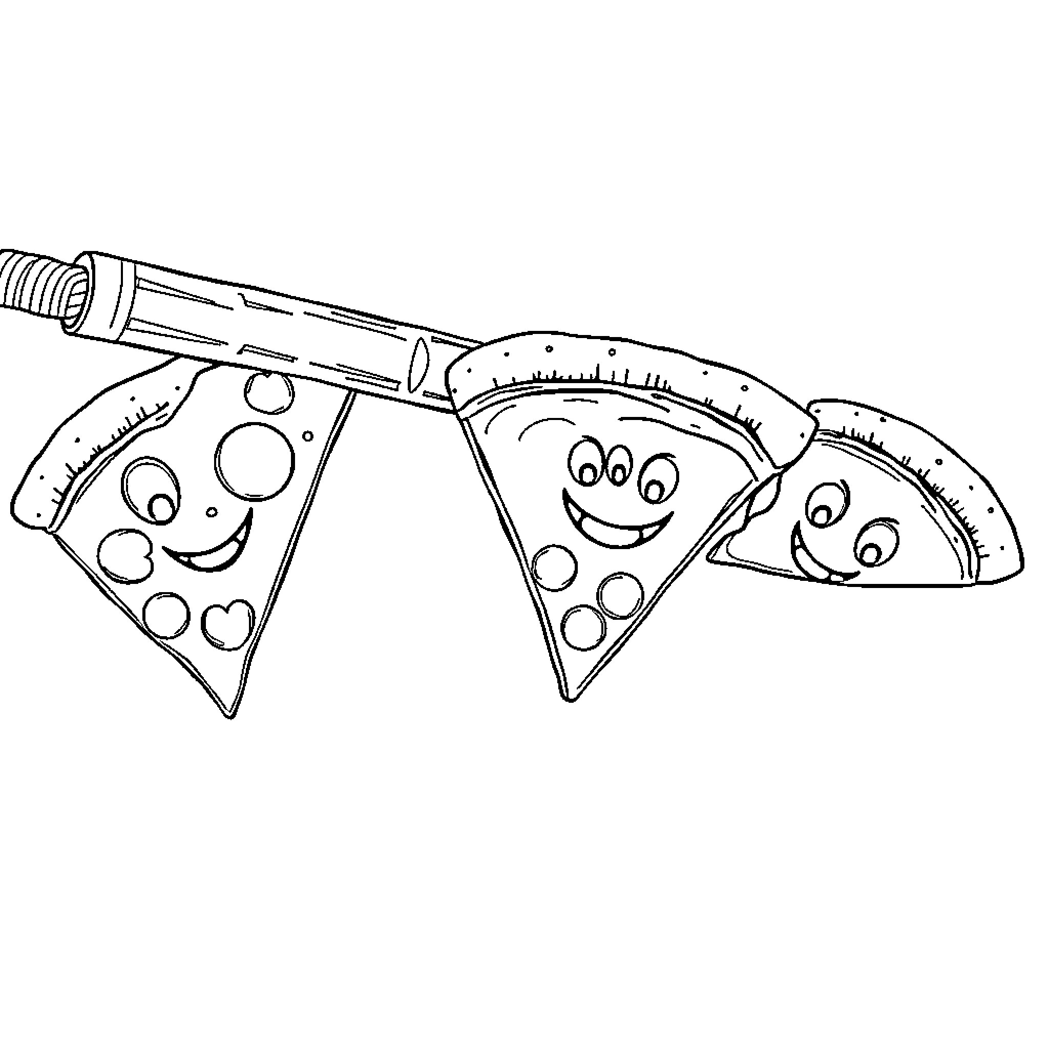 Pizza slices having a fun picnic Coloring Page (free black-and-white line drawing printable PDF for all, from beginners to advanced learners, including children, teens, adults, and seniors)