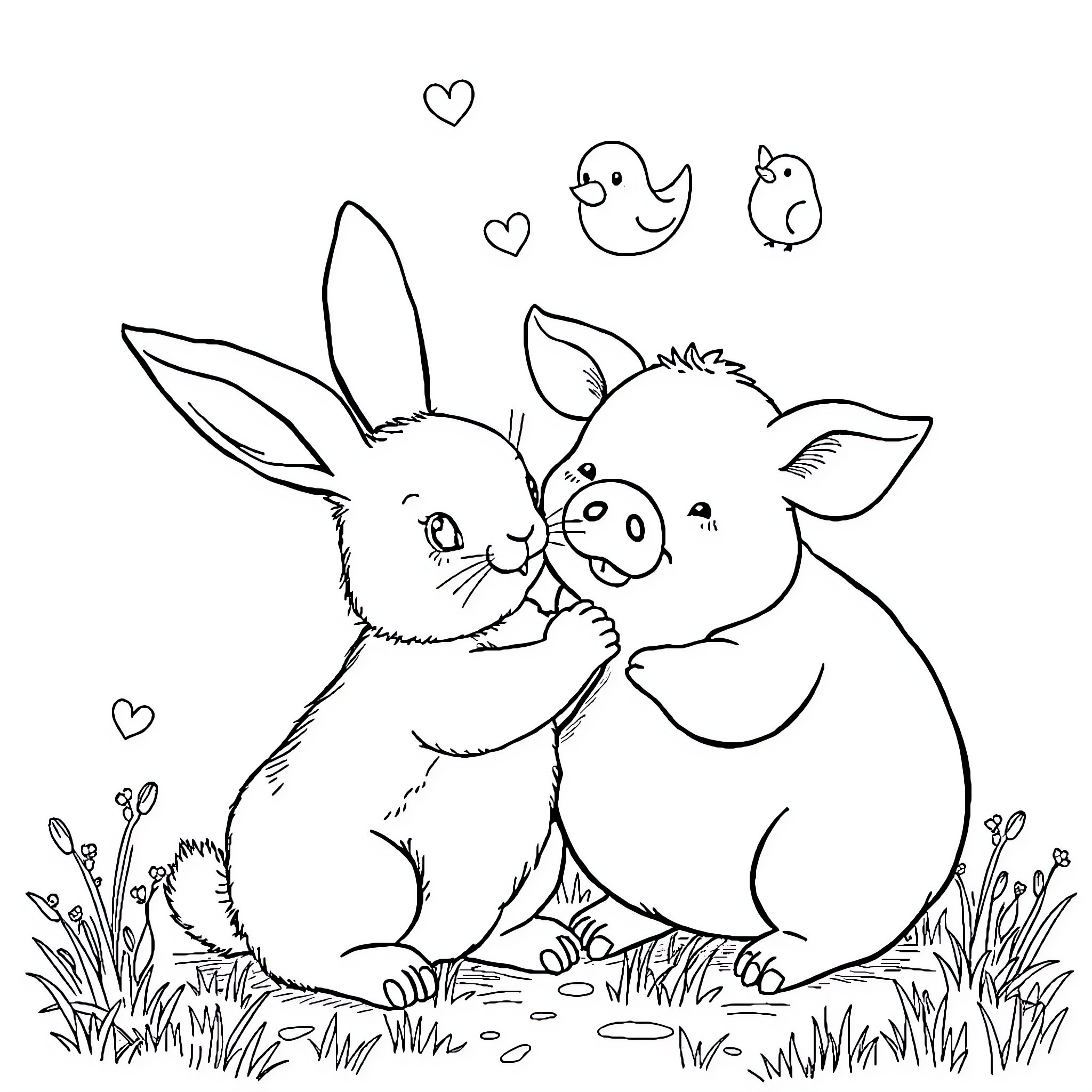 Rabbit friends playing together in the meadow Coloring Page (free black-and-white line drawing printable PDF for all, from beginners to advanced learners, including children, teens, adults, and seniors)