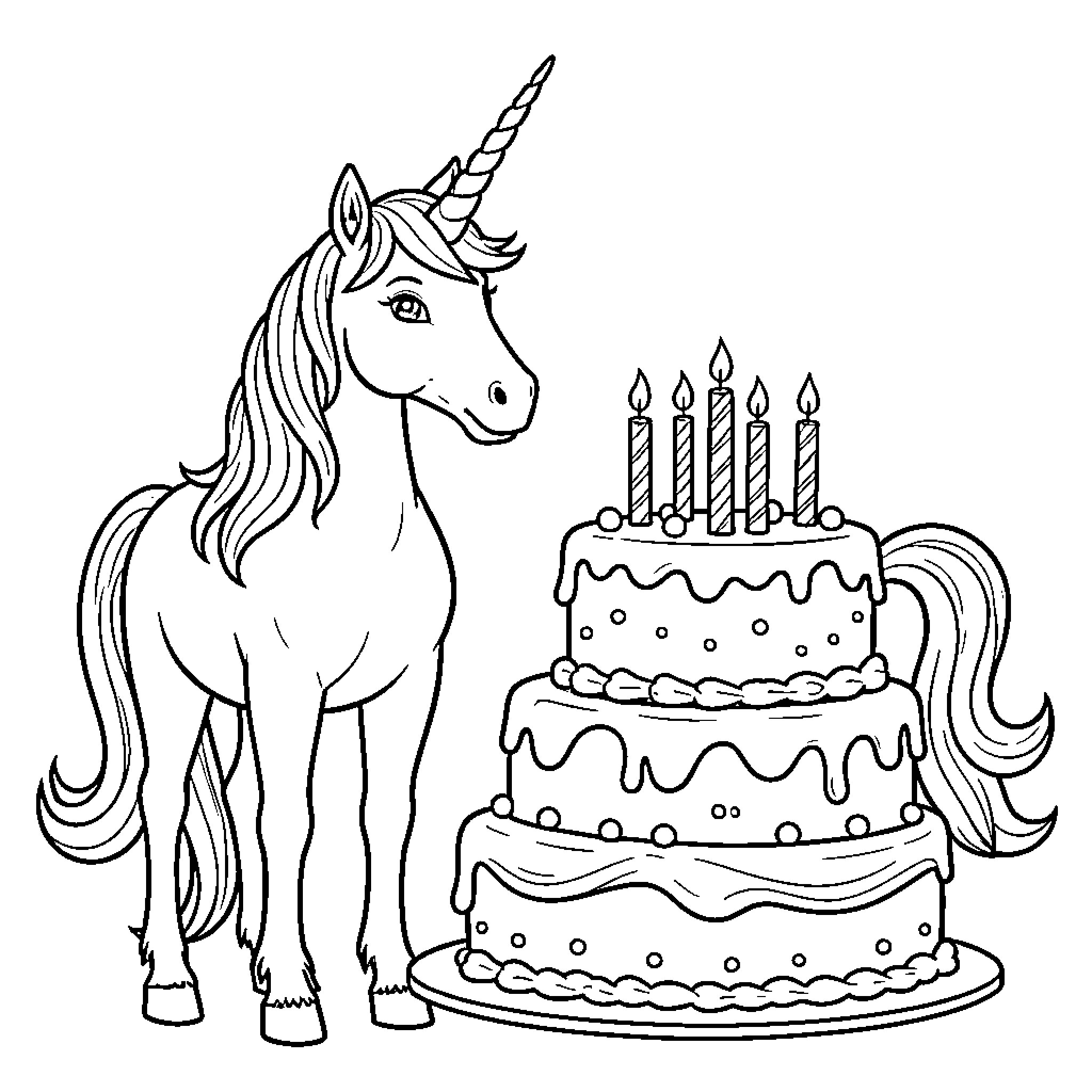 Unicorn standing next to a large birthday cake Coloring Page (free black-and-white line drawing printable PDF for all, from beginners to advanced learners, including children, teens, adults, and seniors)