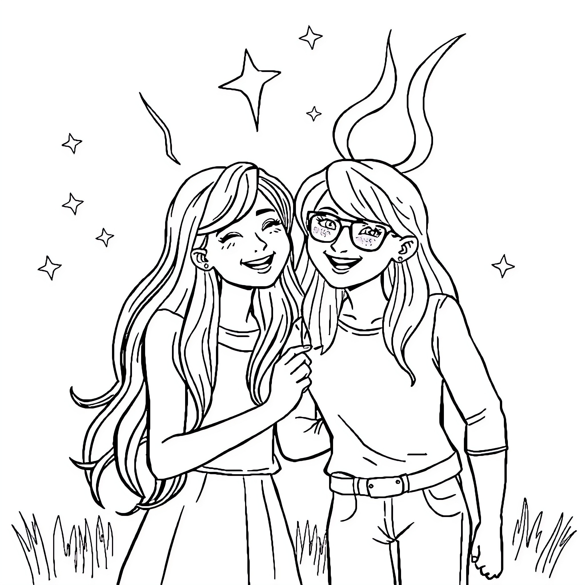 Wink and Whisper Under the Starry Sky Coloring Page (free black-and-white line drawing printable PDF for all, from beginners to advanced learners, including children, teens, adults, and seniors)