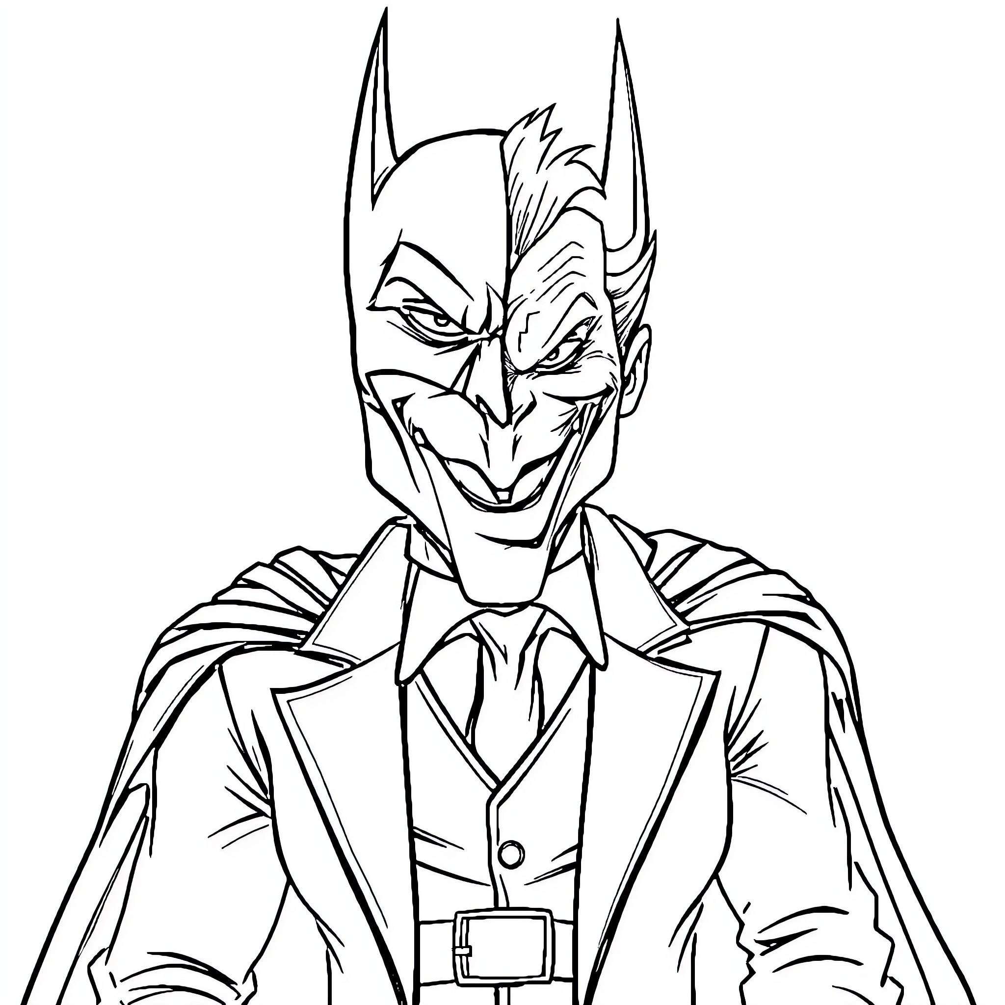 Batman Joker's mischievous grin and villainous attire Coloring Page (free black-and-white line drawing printable PDF for all, from beginners to advanced learners, including children, teens, adults, and seniors)