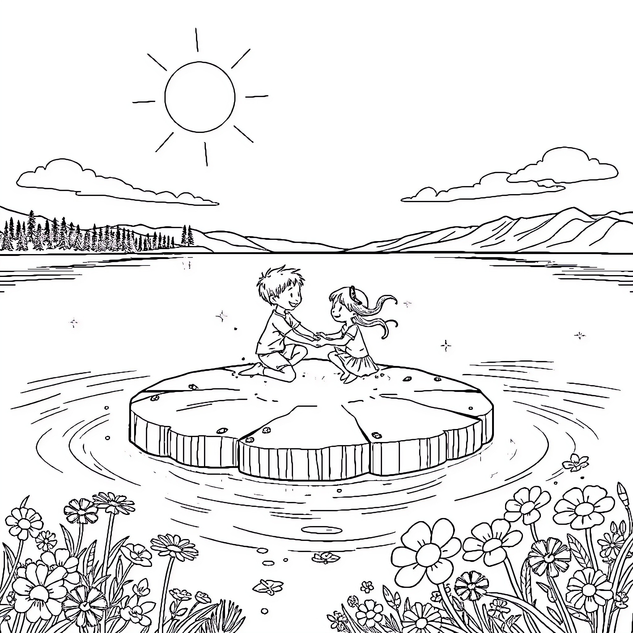 Boy and Girl Sitting on Wooden Dock in Nature Coloring Page (free black-and-white line drawing printable PDF for all, from beginners to advanced learners, including children, teens, adults, and seniors)