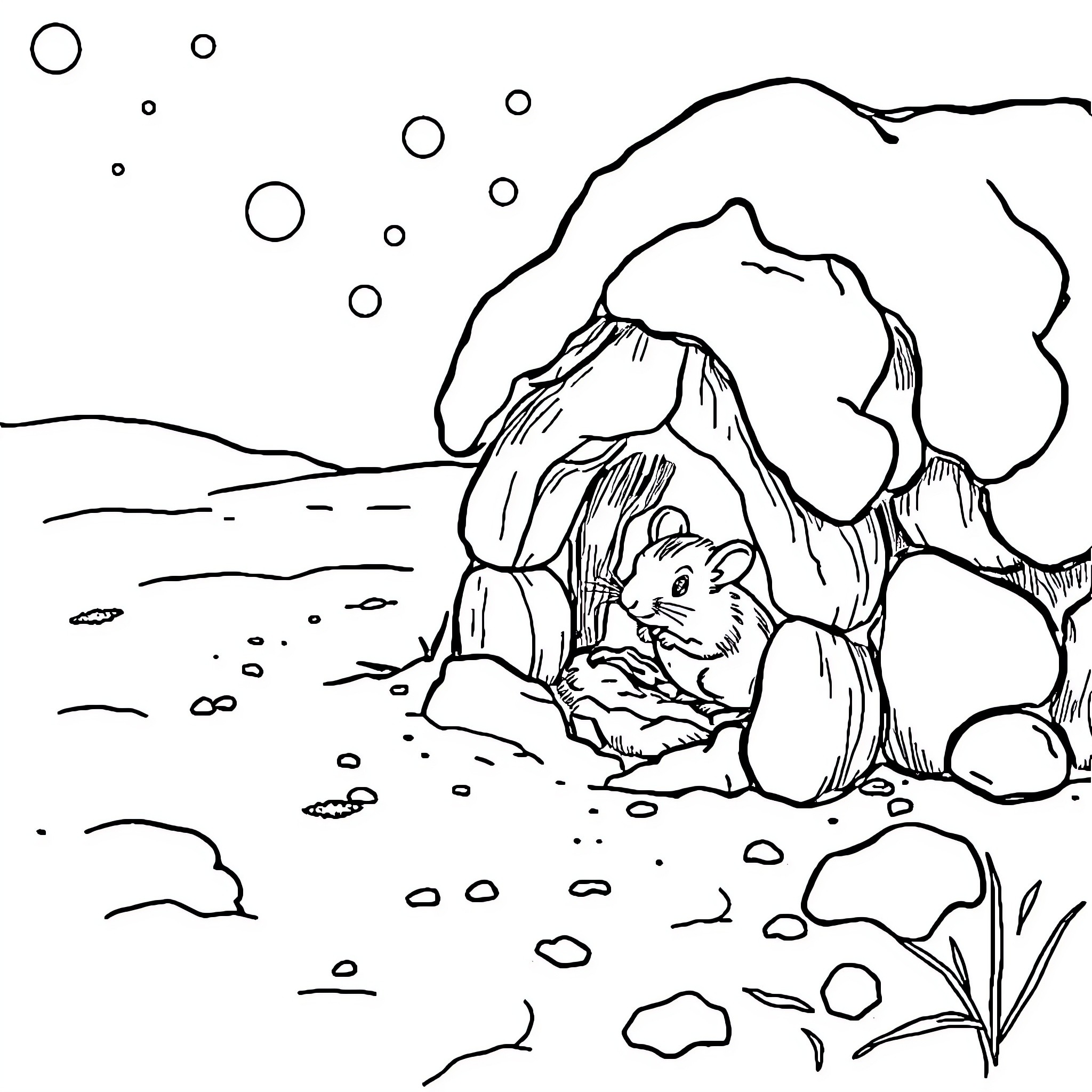Mouse hiding in cozy cave Coloring Page (free black-and-white line drawing printable PDF for all, from beginners to advanced learners, including children, teens, adults, and seniors)