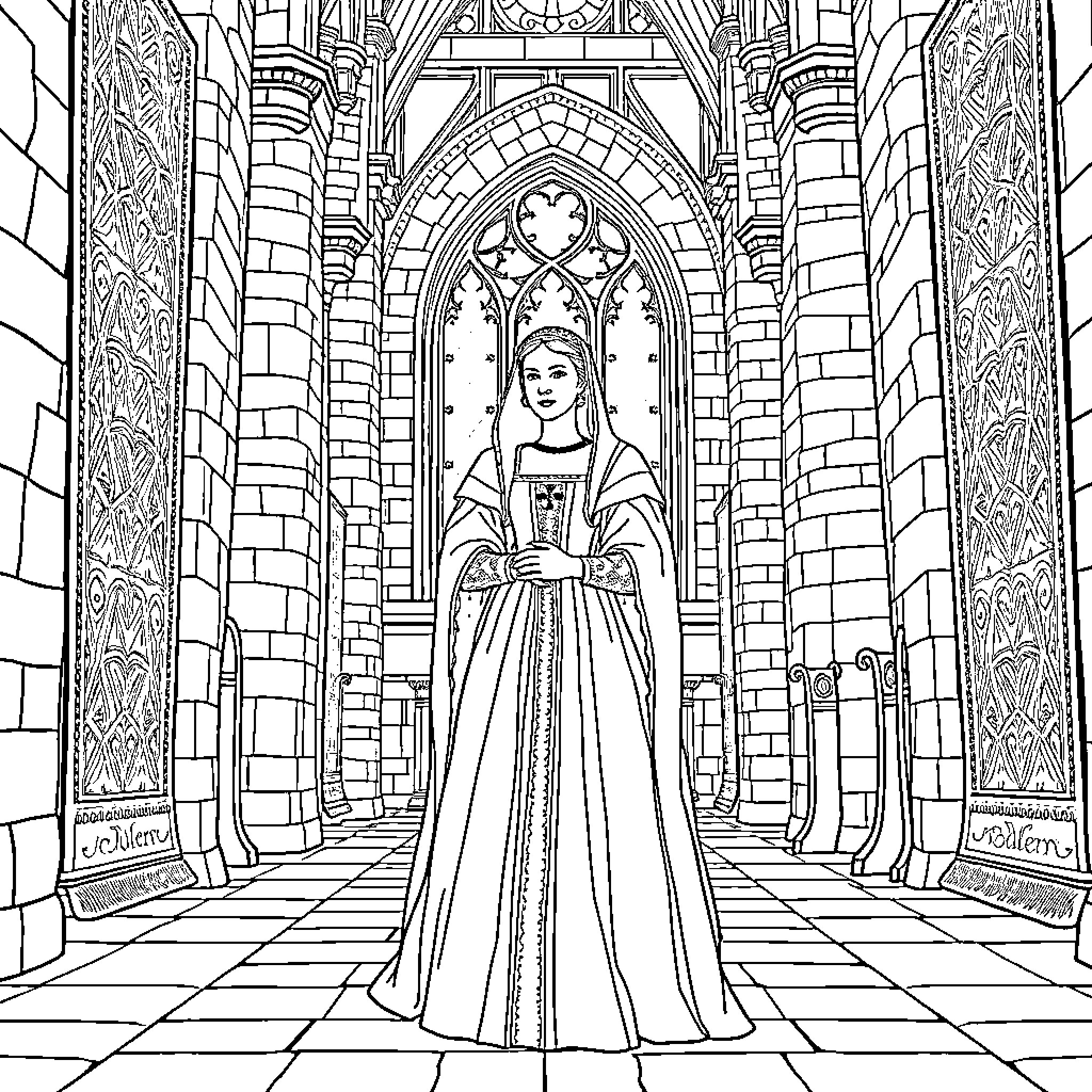 Anne Boleyn in Majestic Royal Hall Coloring Page (free black-and-white line drawing printable PDF for all, from beginners to advanced learners, including children, teens, adults, and seniors)