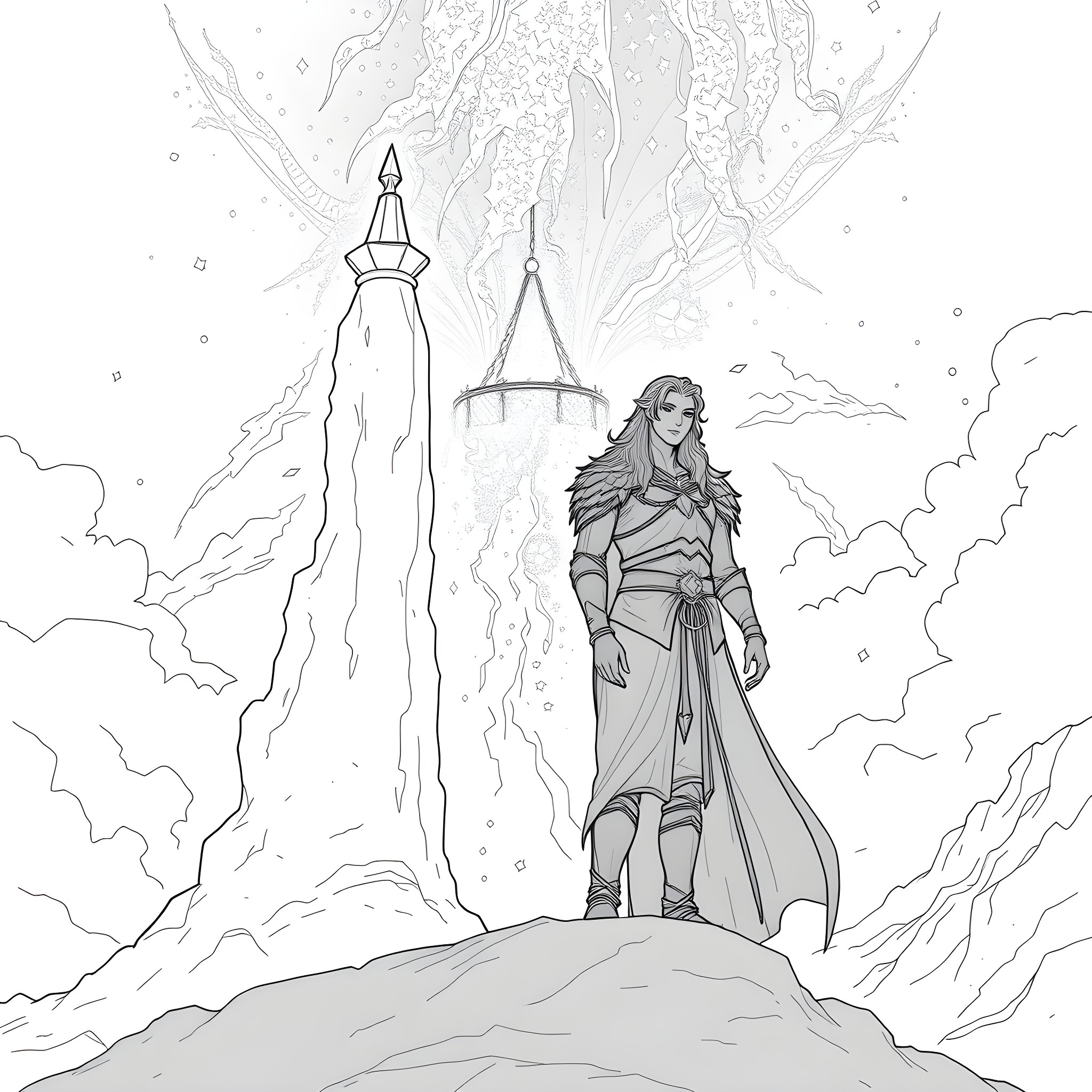 Rhysand in Heroic Pose on Mountaintop Coloring Page (free black-and-white line drawing printable PDF for all, from beginners to advanced learners, including children, teens, adults, and seniors)