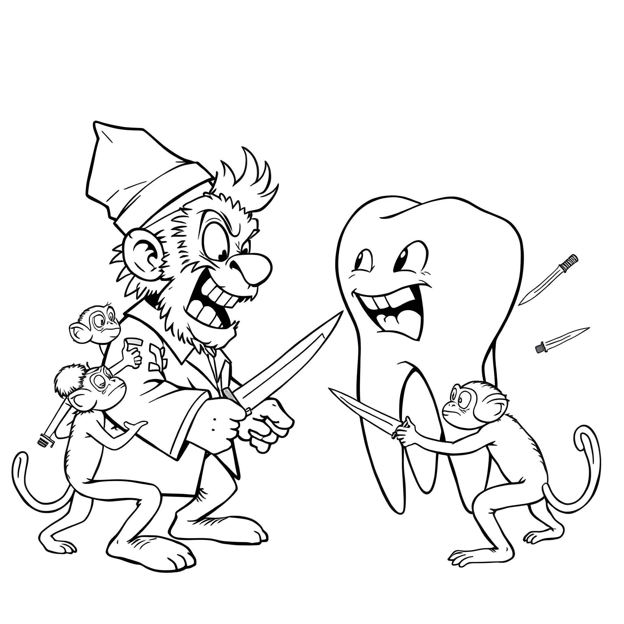 Dentist examining patient with monkeys in the office Coloring Page (free black-and-white line drawing printable PDF for all, from beginners to advanced learners, including children, teens, adults, and seniors)