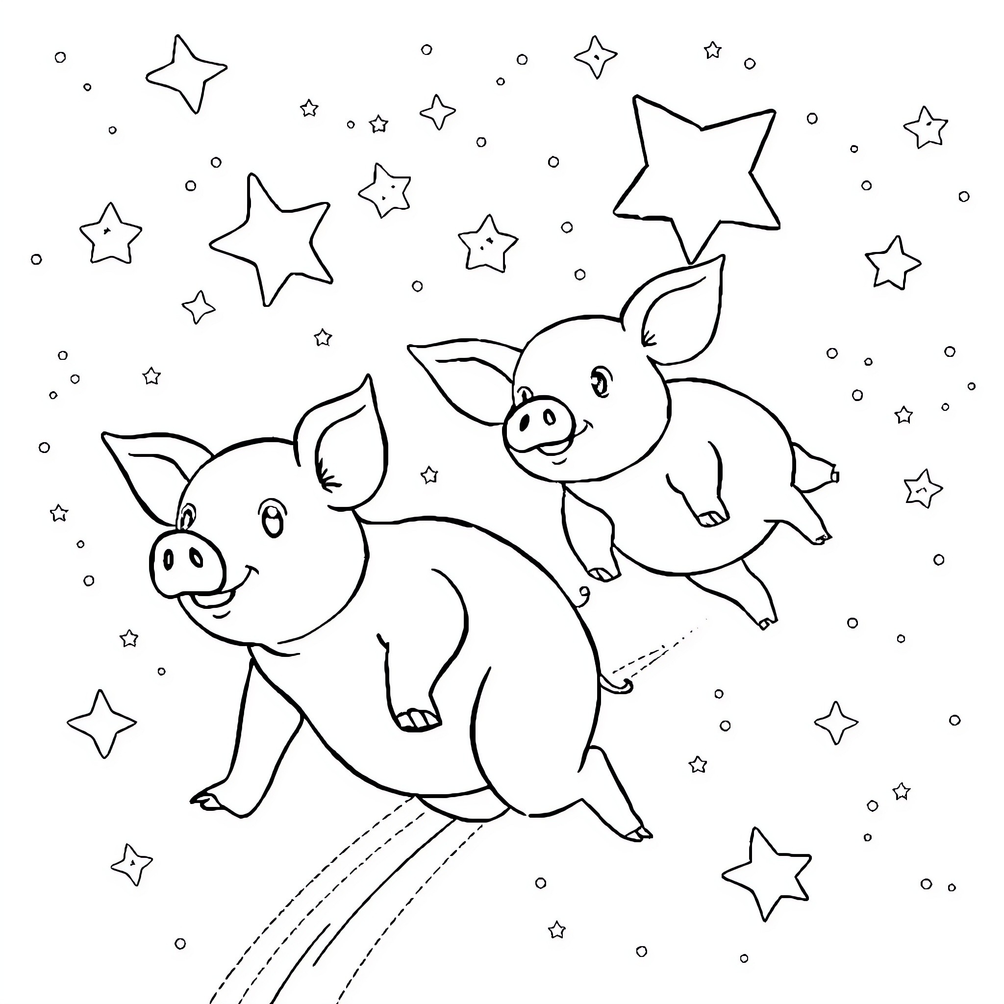 Pigs playing among the stars Coloring Page (free black-and-white line drawing printable PDF for all, from beginners to advanced learners, including children, teens, adults, and seniors)
