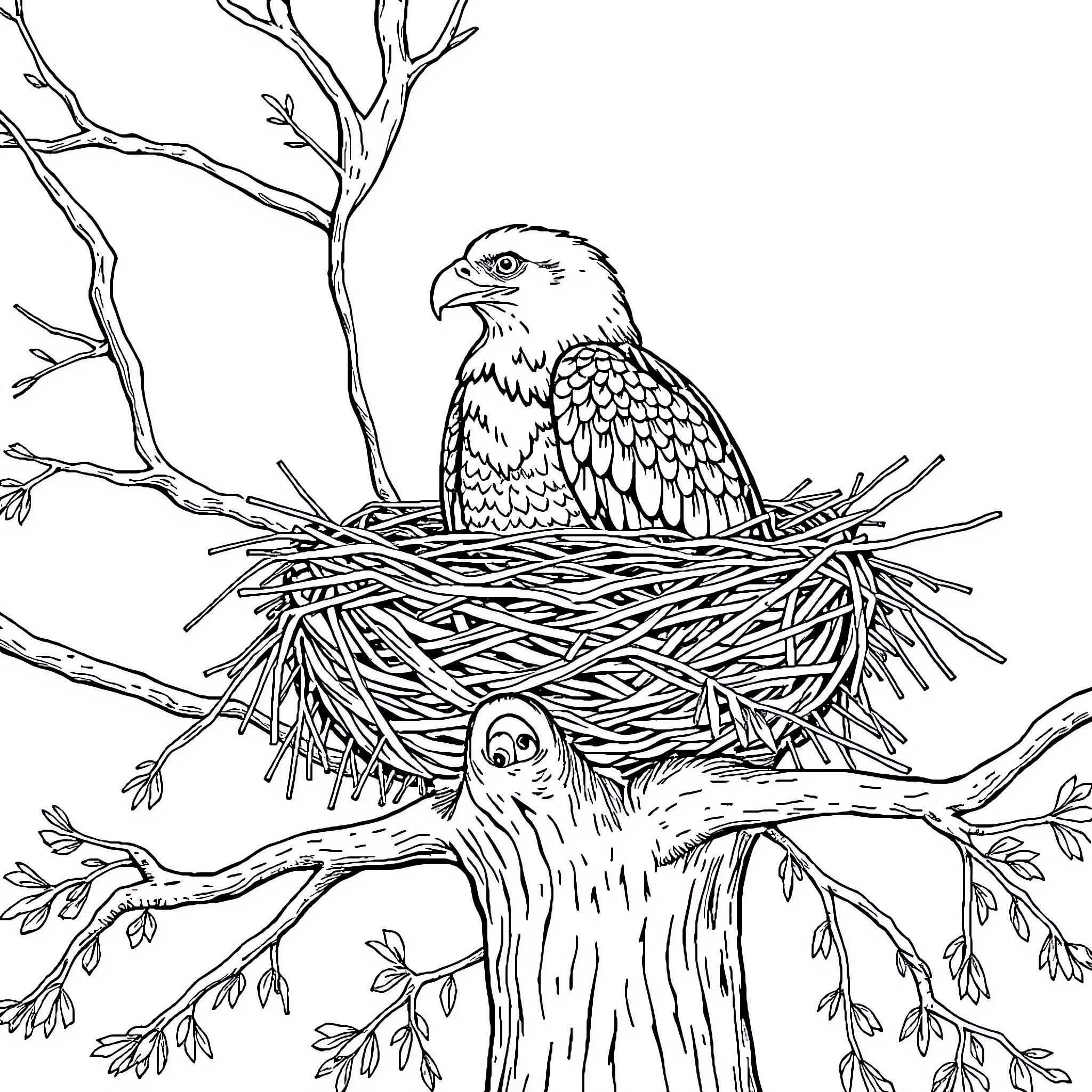 Eagle guarding its nest in the tree Coloring Page (free black-and-white line drawing printable PDF for all, from beginners to advanced learners, including children, teens, adults, and seniors)